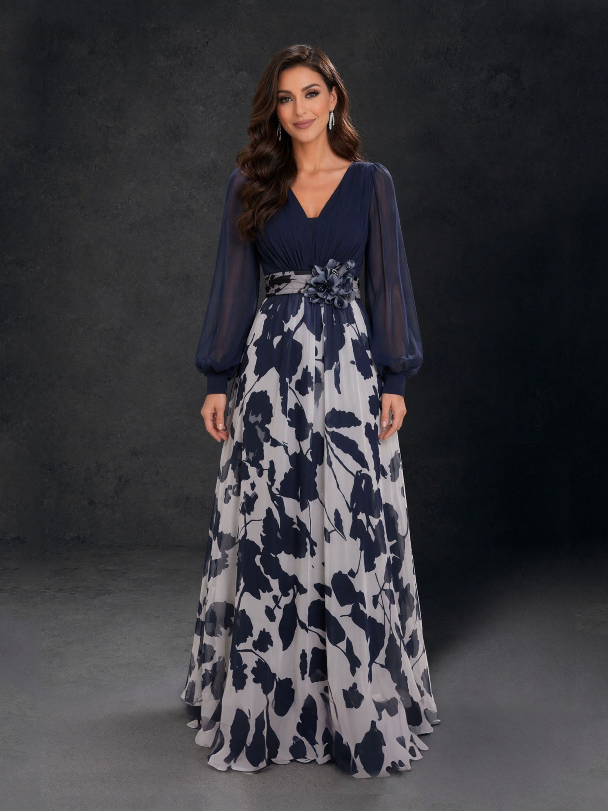 BOLODOO Navy Blue Floral Print Chiffon Maxi Dress – V-Neck Lantern Sleeve 3D Flower Sash Belt 