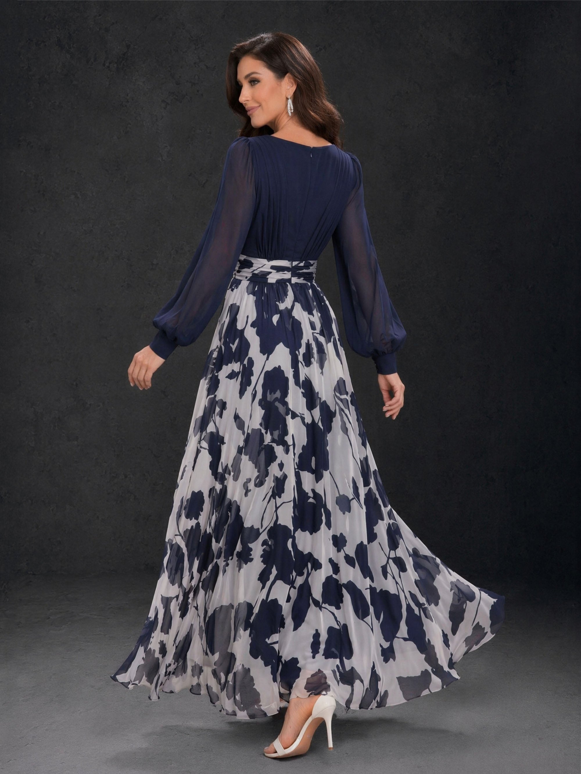 BOLODOO Navy Blue Floral Print Chiffon Maxi Dress – V-Neck Lantern Sleeve 3D Flower Sash Belt 