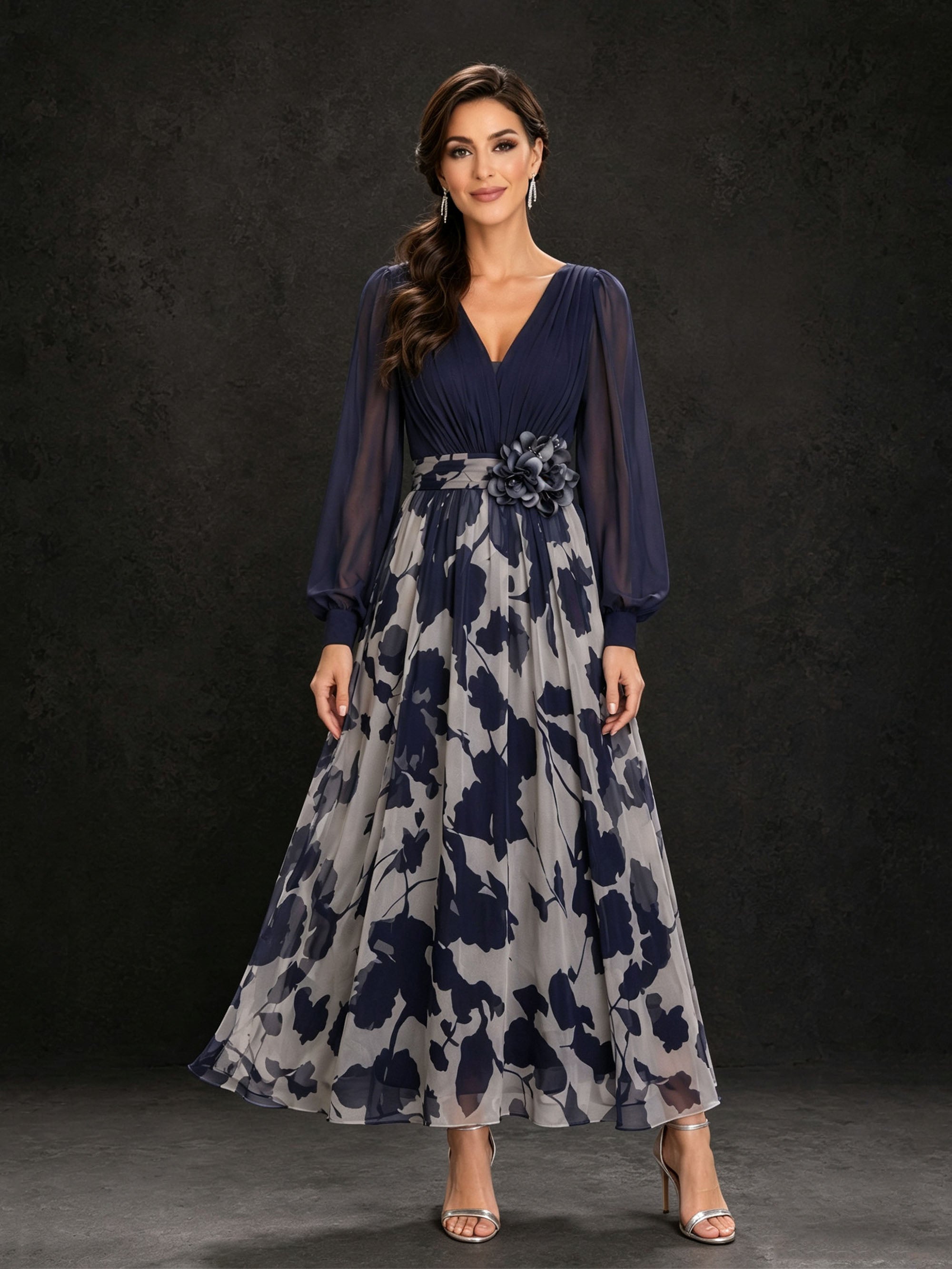 BOLODOO Navy Blue Floral Print Chiffon Midi Dress – V-Neck Lantern Sleeve 3D Flower Sash Ankle Length 