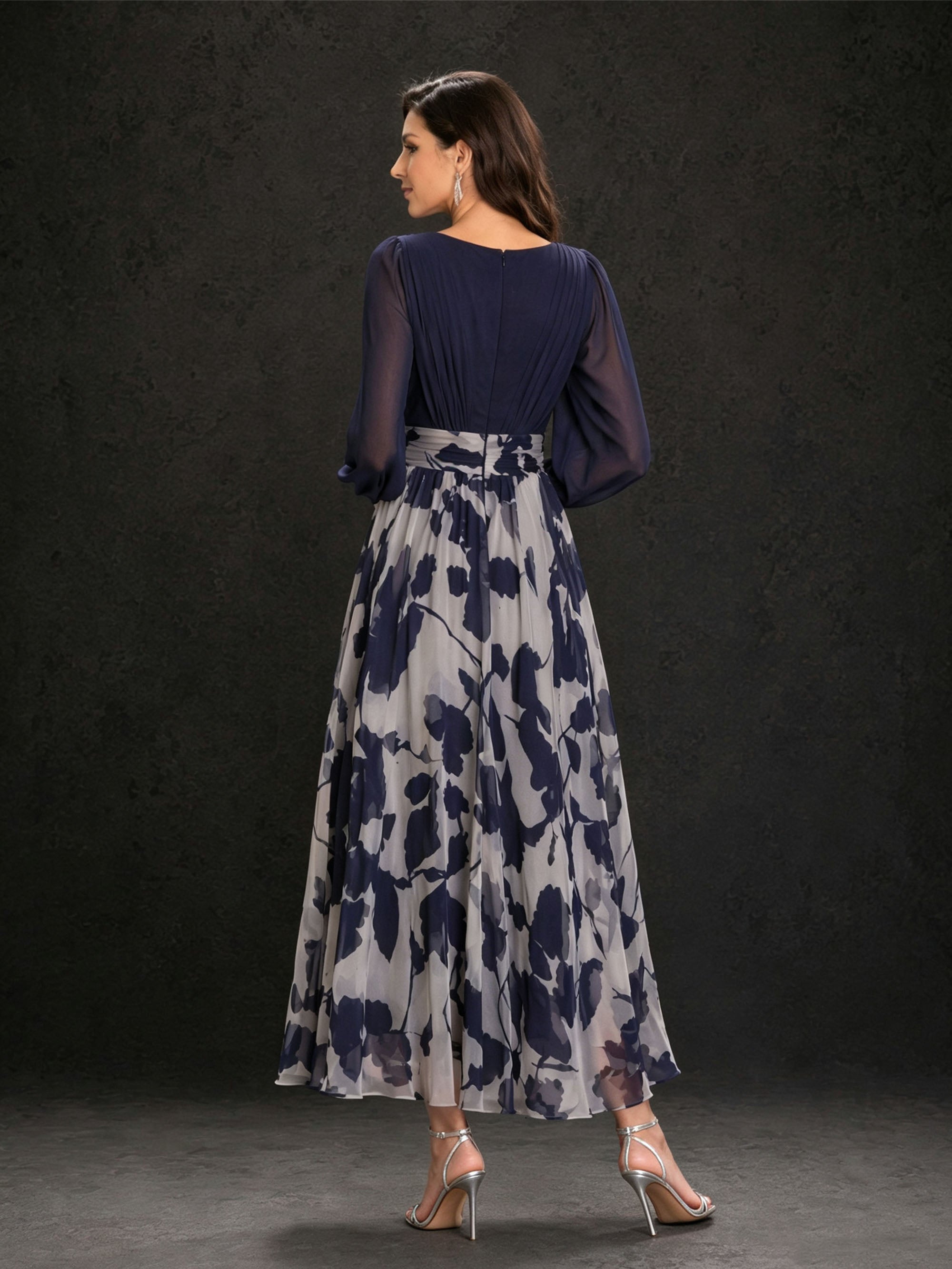 BOLODOO Navy Blue Floral Print Chiffon Midi Dress – V-Neck Lantern Sleeve 3D Flower Sash Ankle Length 