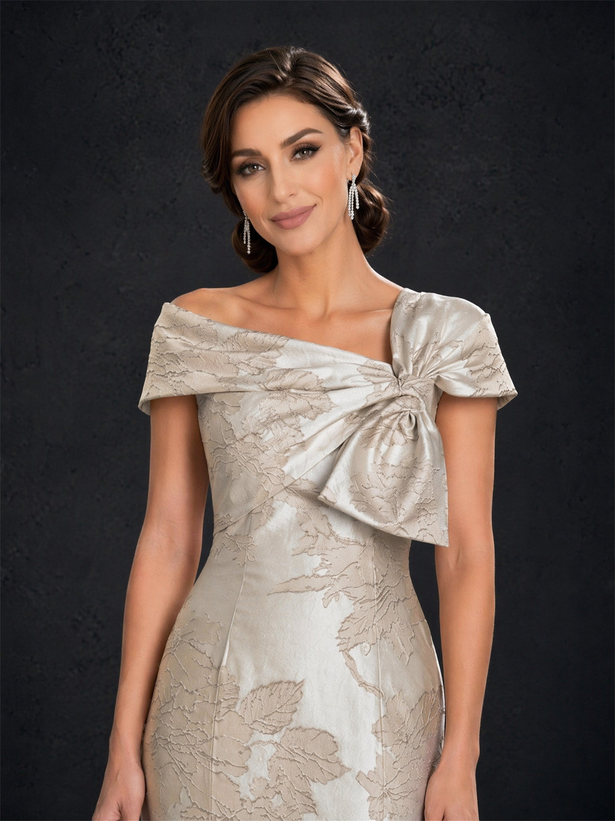 BOLODOO Champagne Gold Jacquard Off-Shoulder Mermaid Gown – Asymmetric Bow Short Sleeve Button Back Floor Length 
