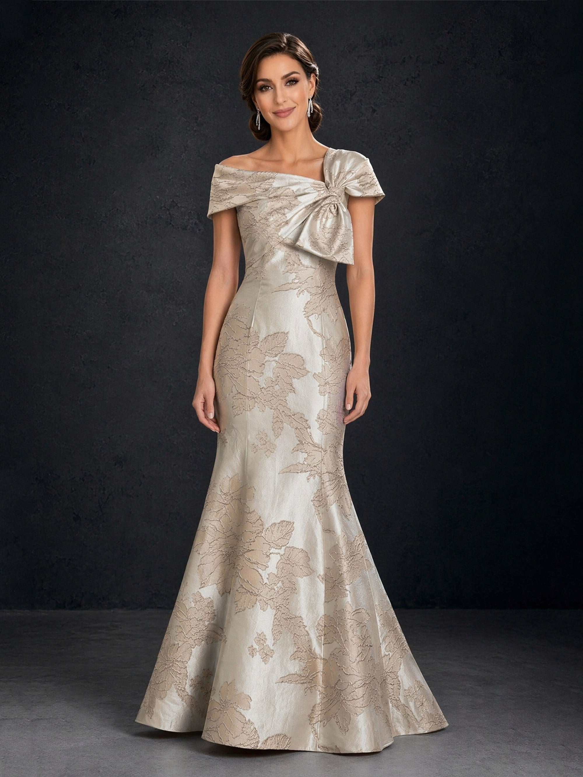 BOLODOO Champagne Gold Jacquard Off-Shoulder Mermaid Gown – Asymmetric Bow Short Sleeve Button Back Floor Length 
