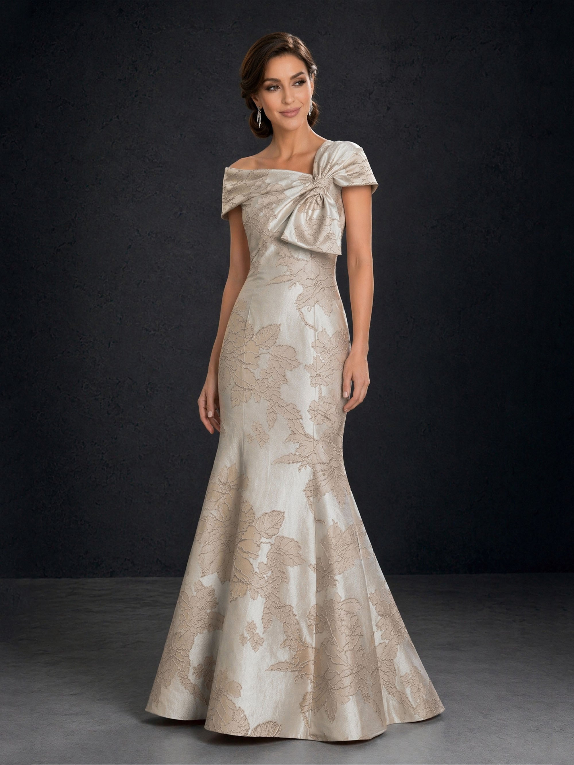 BOLODOO Champagne Gold Jacquard Off-Shoulder Mermaid Gown – Asymmetric Bow Short Sleeve Button Back Floor Length 