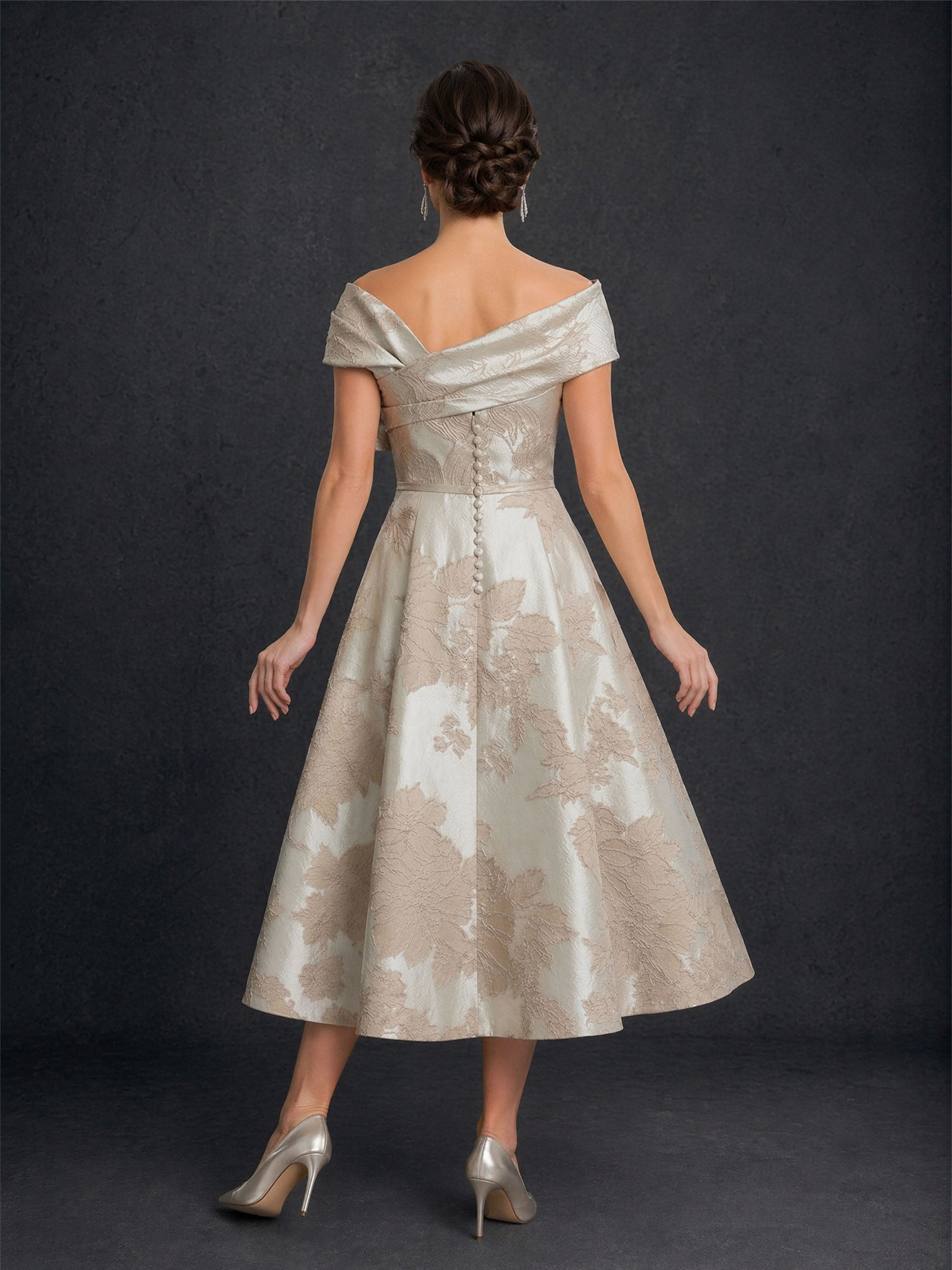 BOLODOO Champagne Gold Jacquard Off-Shoulder A-Line Tea Length Dress – Asymmetric Bow Cap Sleeve Button Back 