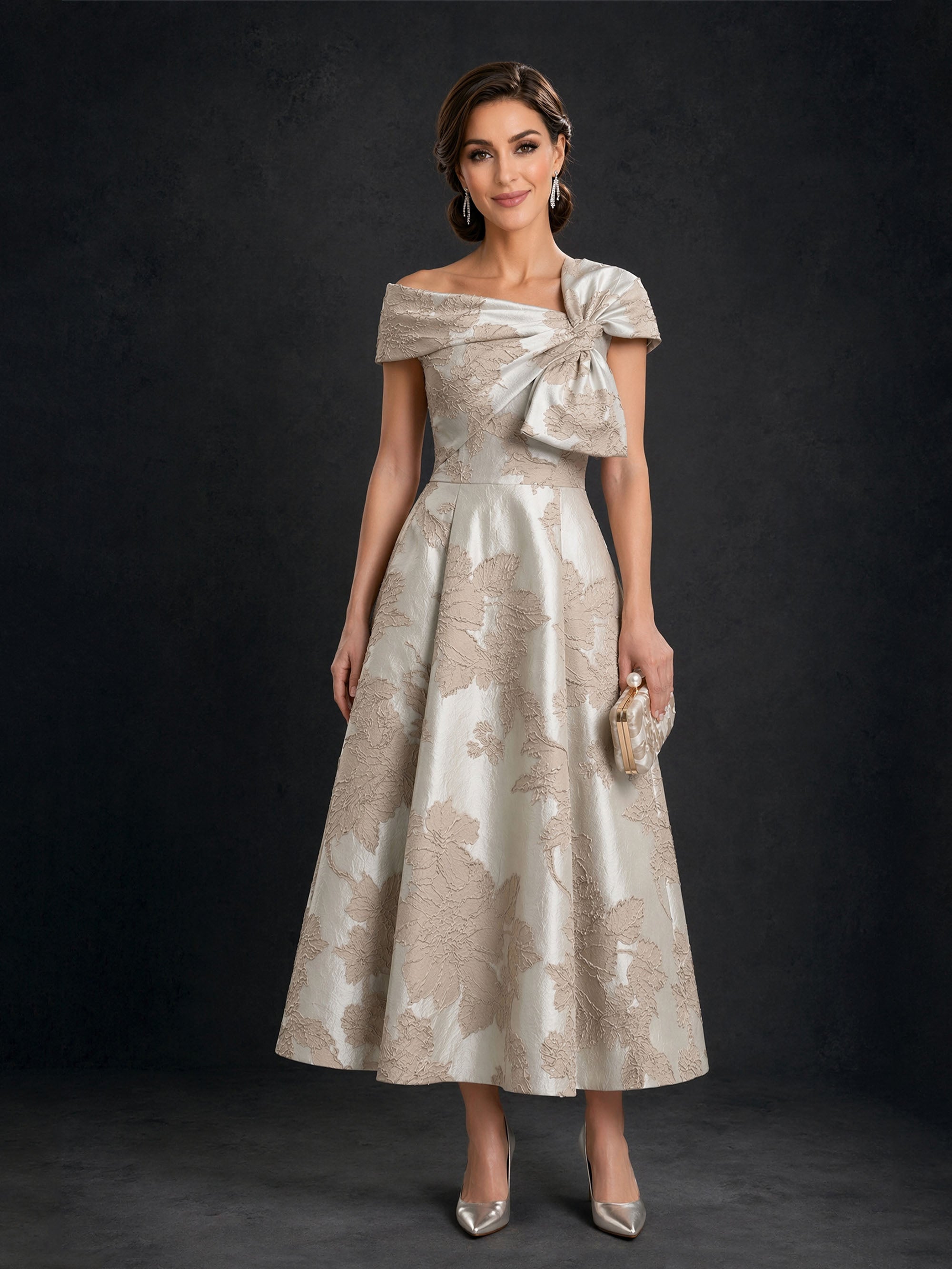 BOLODOO Champagne Gold Jacquard Off-Shoulder A-Line Tea Length Dress – Asymmetric Bow Cap Sleeve Button Back 