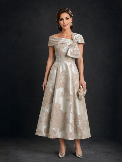 BOLODOO Champagne Gold Jacquard Off-Shoulder A-Line Tea Length Dress – Asymmetric Bow Cap Sleeve Button Back 