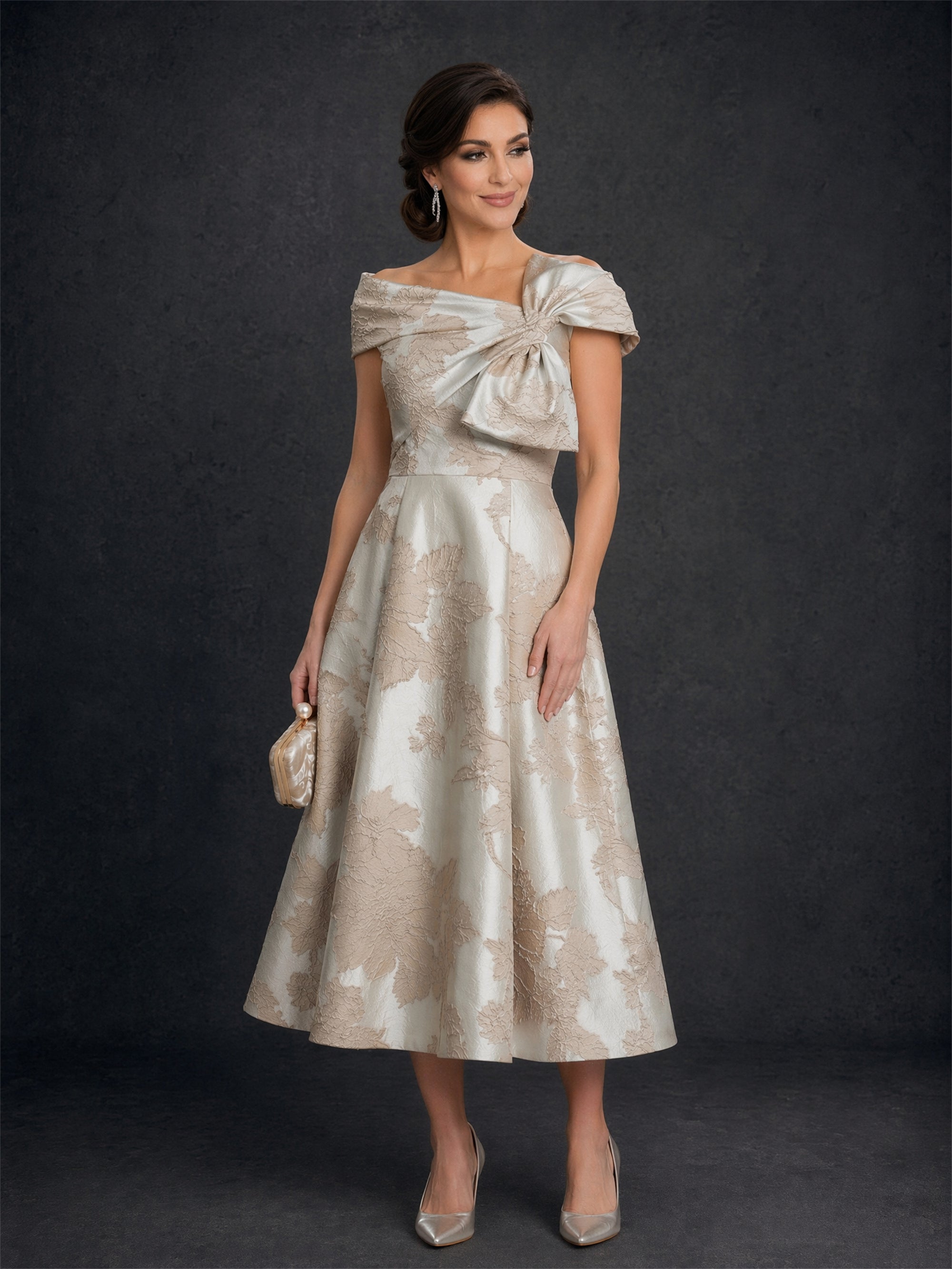 BOLODOO Champagne Gold Jacquard Off-Shoulder A-Line Tea Length Dress – Asymmetric Bow Cap Sleeve Button Back 