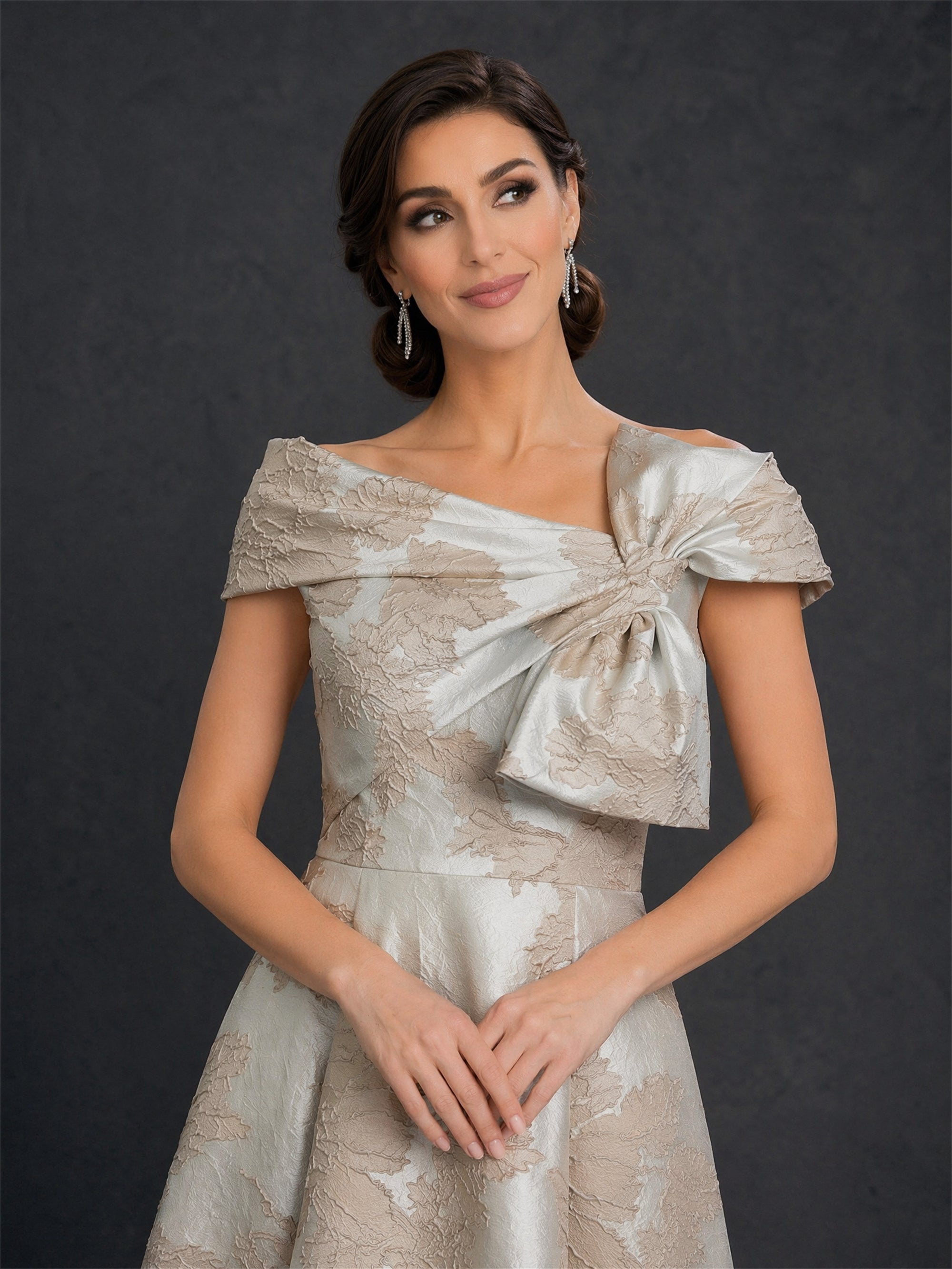 BOLODOO Champagne Gold Jacquard Off-Shoulder A-Line Tea Length Dress – Asymmetric Bow Cap Sleeve Button Back 