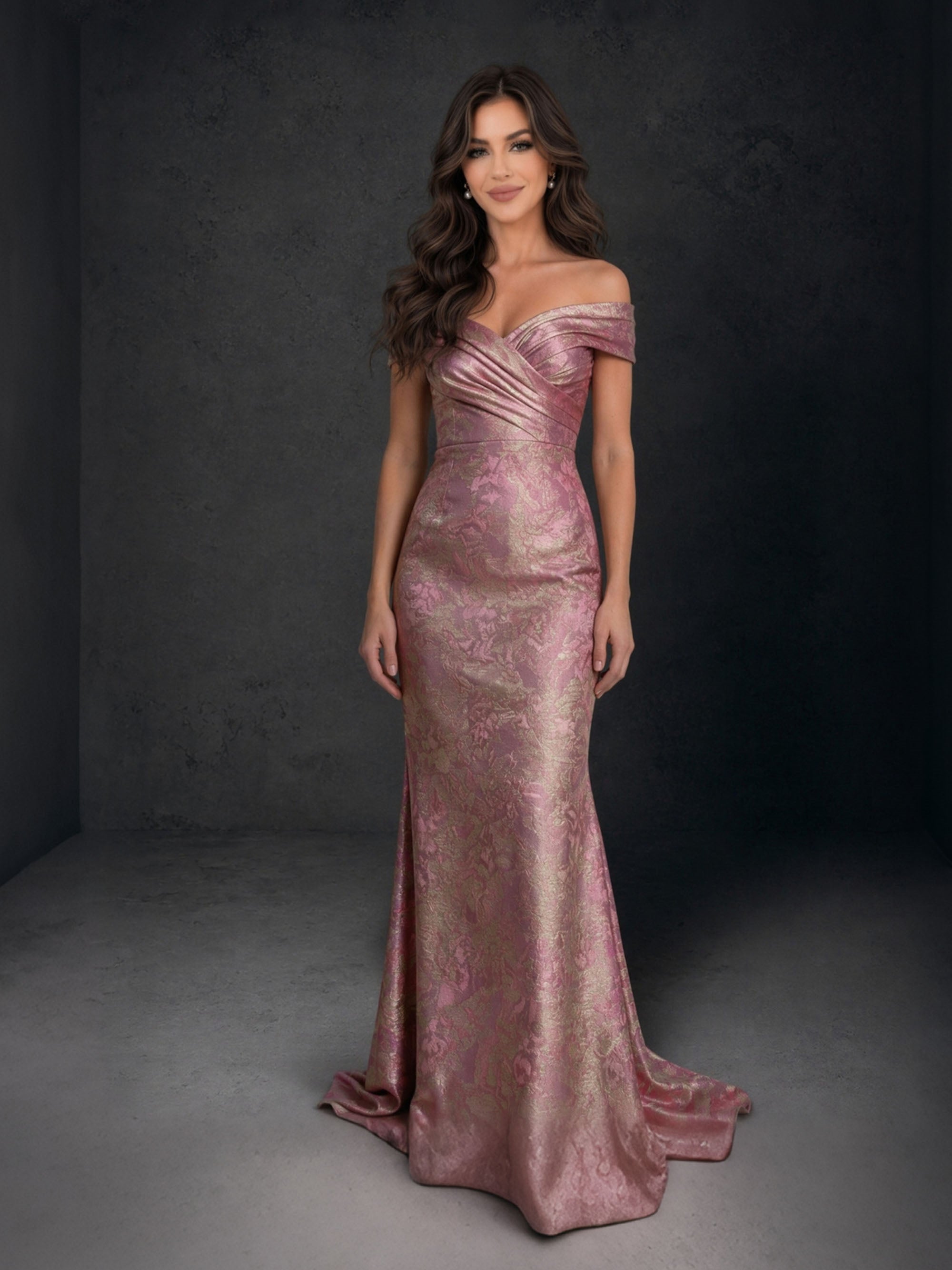 BOLODOO Mauve Pink Jacquard Off-Shoulder Mermaid Gown – Ruched V-Neck Cap Sleeve Sweep Train Floor Length 