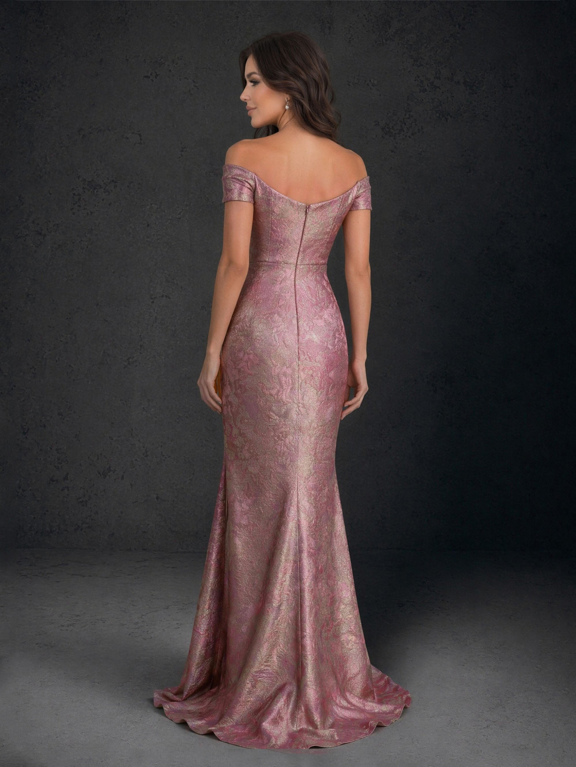 BOLODOO Mauve Pink Jacquard Off-Shoulder Mermaid Gown – Ruched V-Neck Cap Sleeve Sweep Train Floor Length 