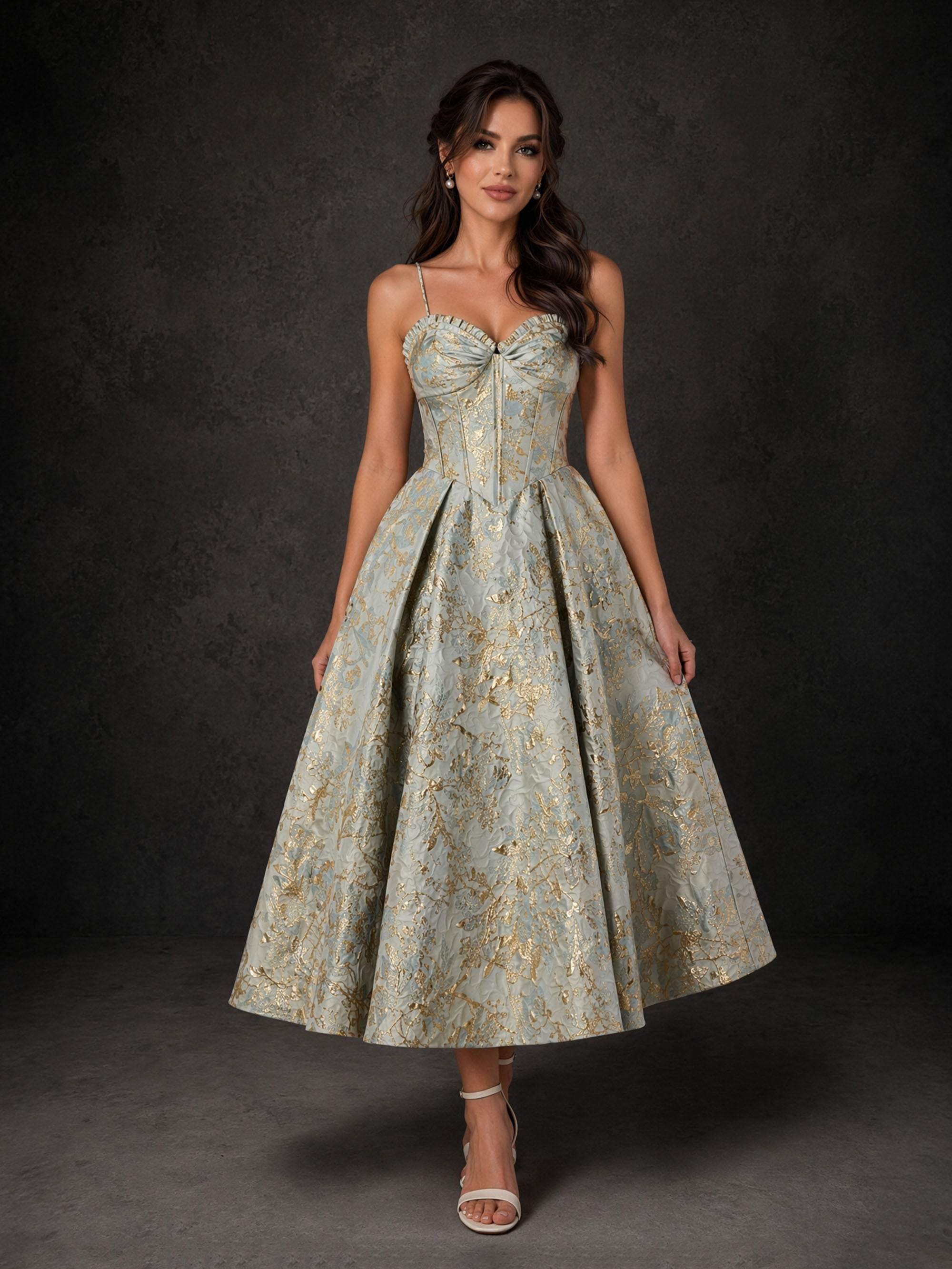 BOLODOO Sage Green Gold Jacquard Corset A-Line Tea Length Dress – Sweetheart Spaghetti Strap Bow Open Back 