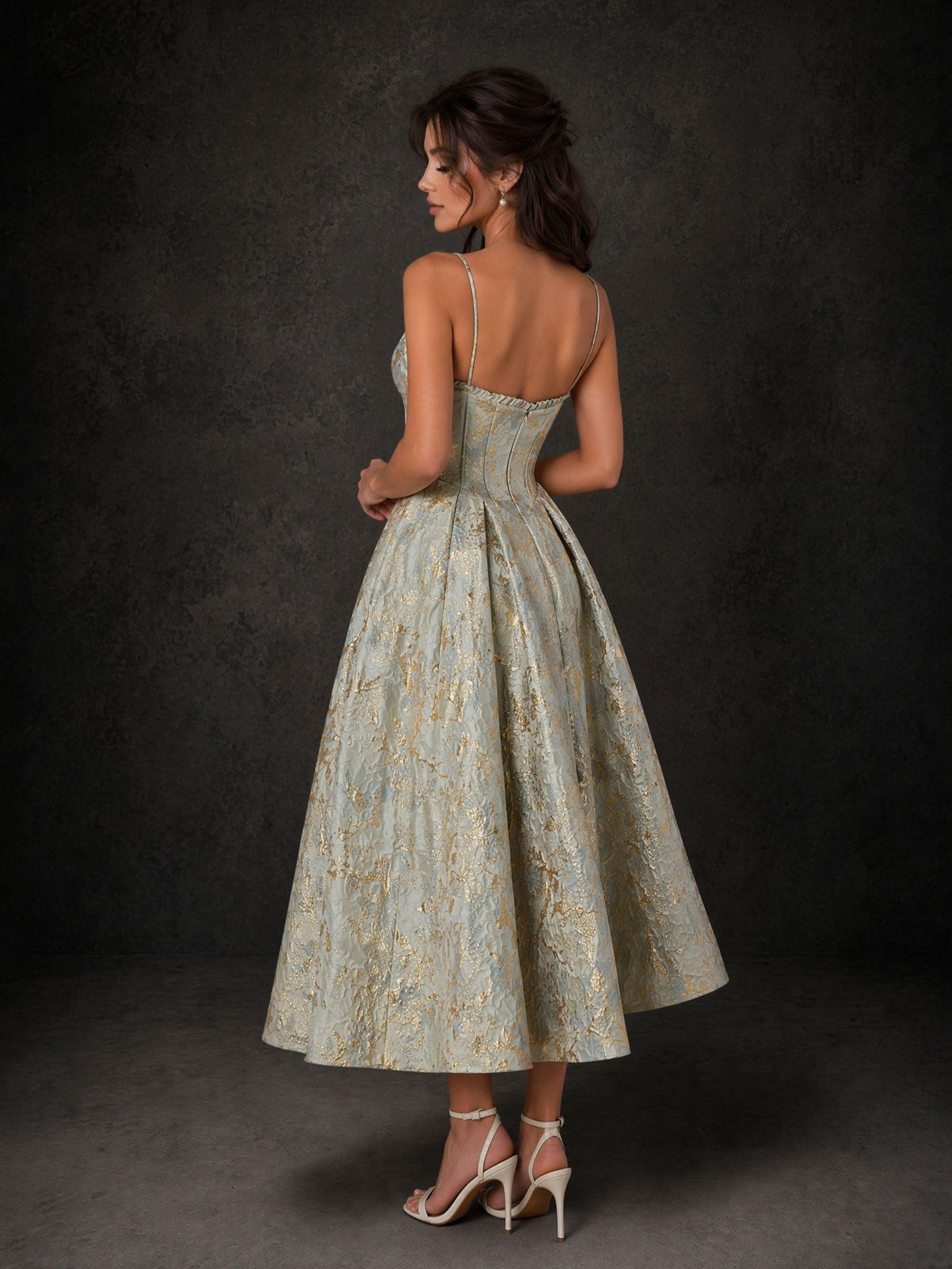 BOLODOO Sage Green Gold Jacquard Corset A-Line Tea Length Dress – Sweetheart Spaghetti Strap Bow Open Back 