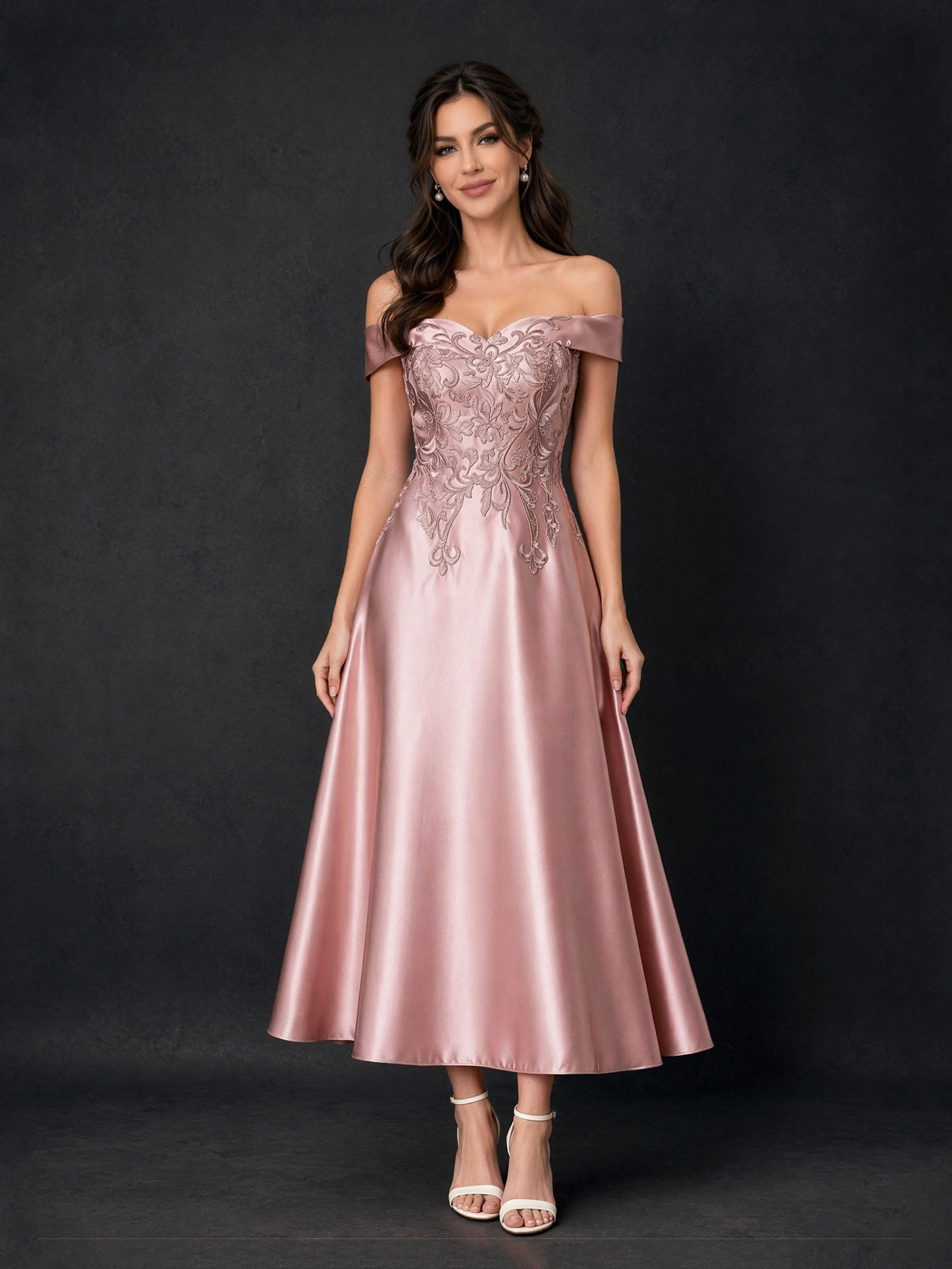 BOLODOO Dusty Rose Satin Off-Shoulder Lace Appliqué A-Line Tea Length Dress – Sweetheart Corset Open Back 