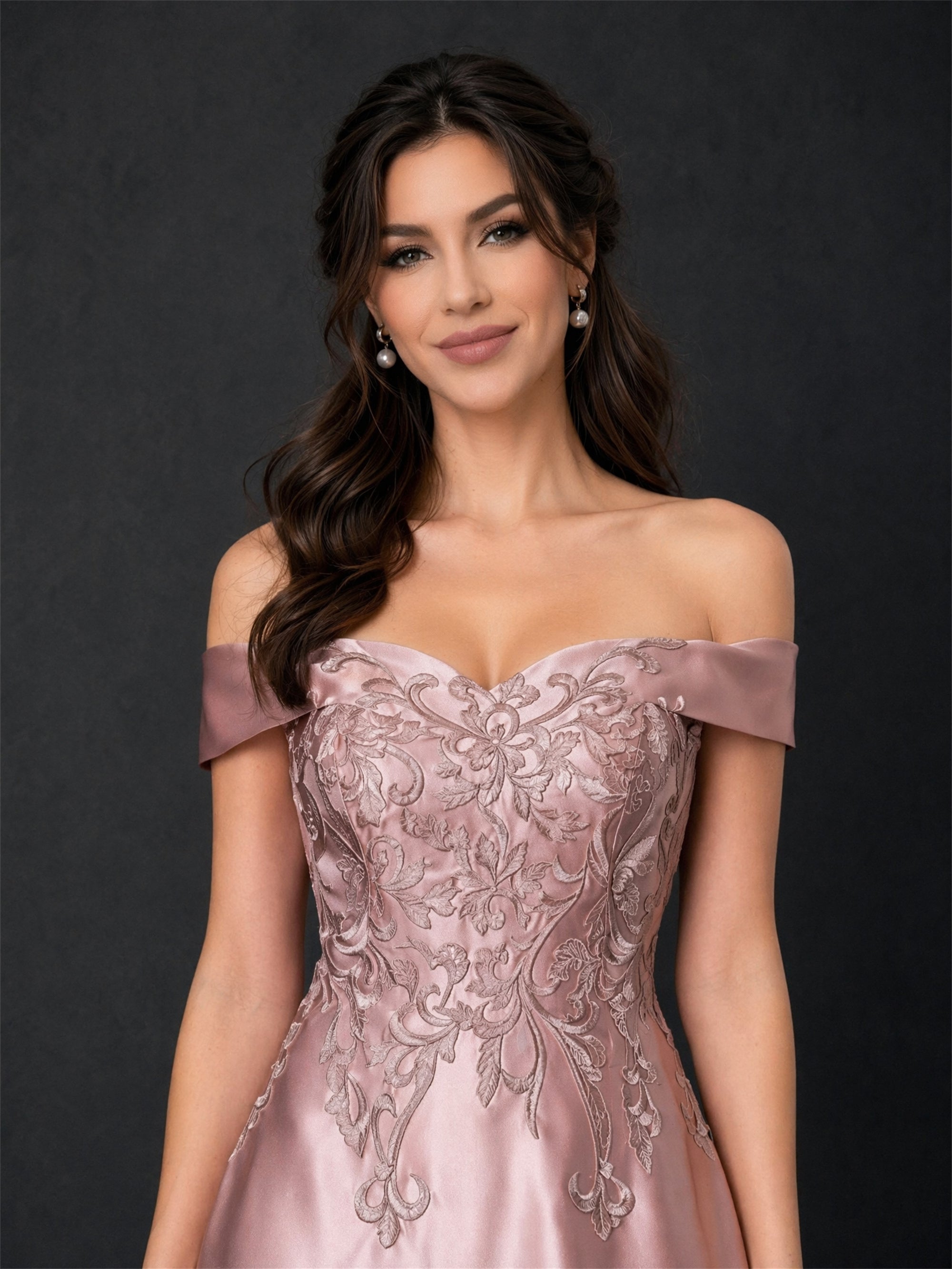 BOLODOO Dusty Rose Satin Off-Shoulder Lace Appliqué A-Line Tea Length Dress – Sweetheart Corset Open Back 
