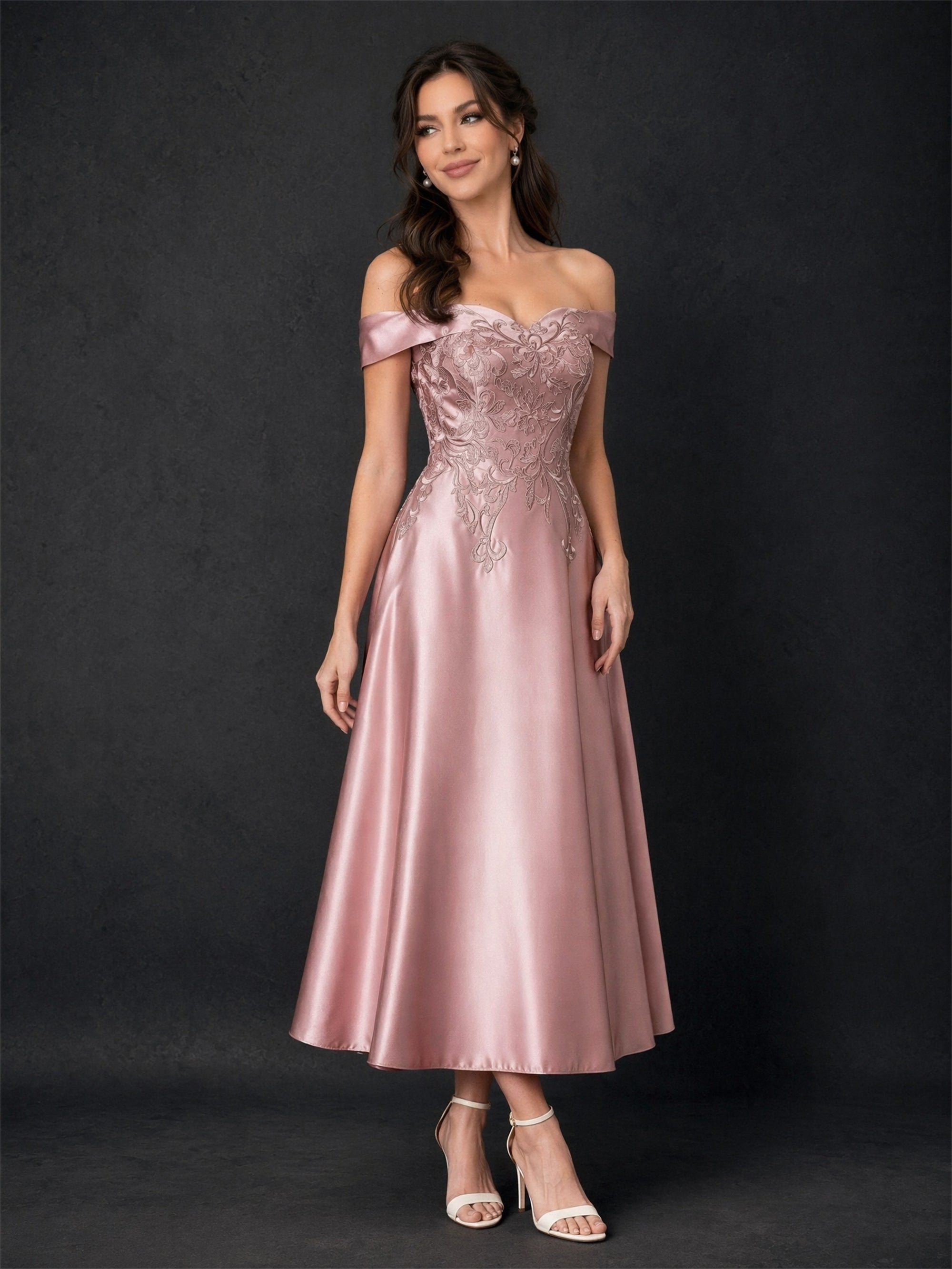 BOLODOO Dusty Rose Satin Off-Shoulder Lace Appliqué A-Line Tea Length Dress – Sweetheart Corset Open Back 