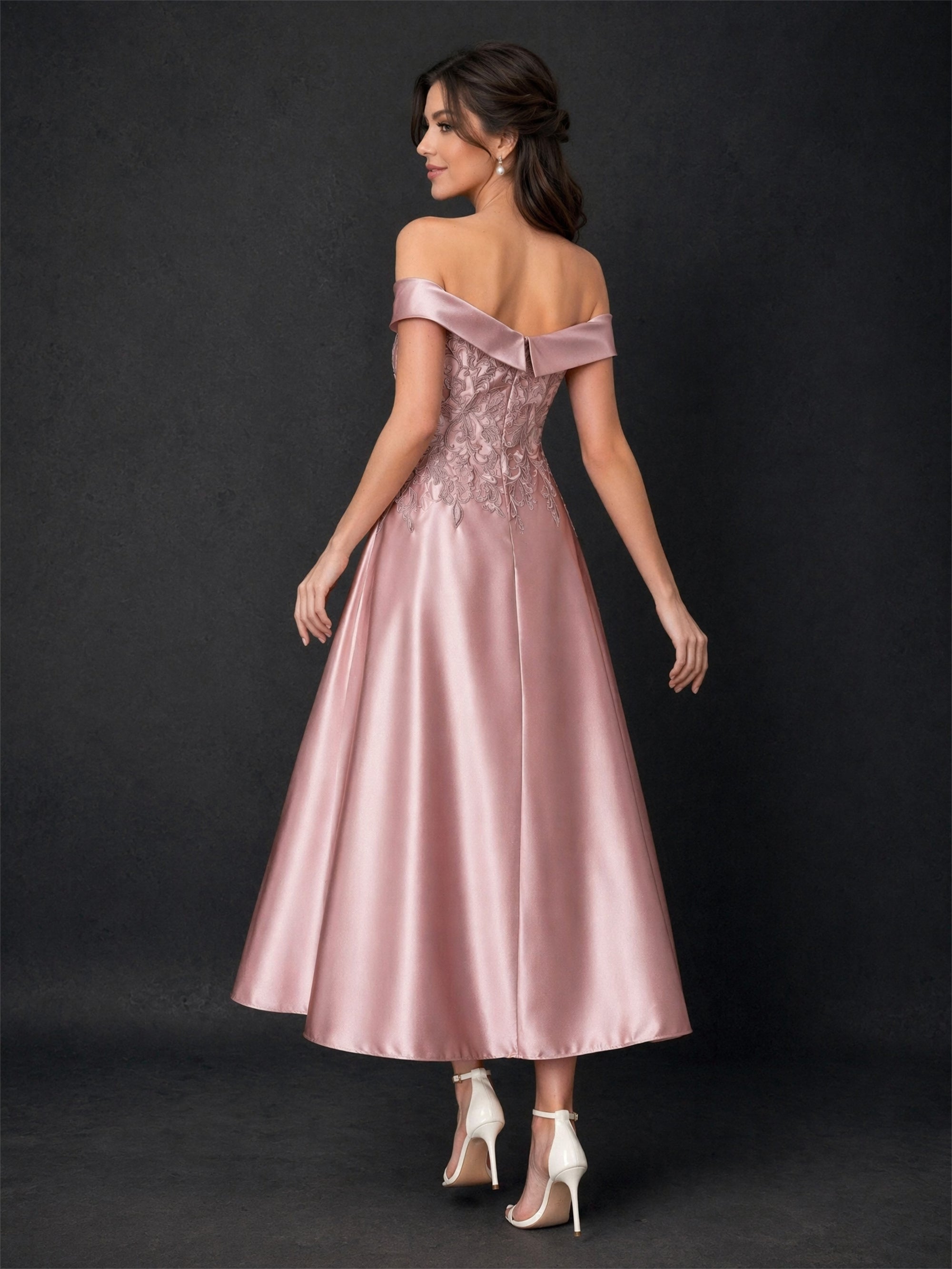 BOLODOO Dusty Rose Satin Off-Shoulder Lace Appliqué A-Line Tea Length Dress – Sweetheart Corset Open Back 