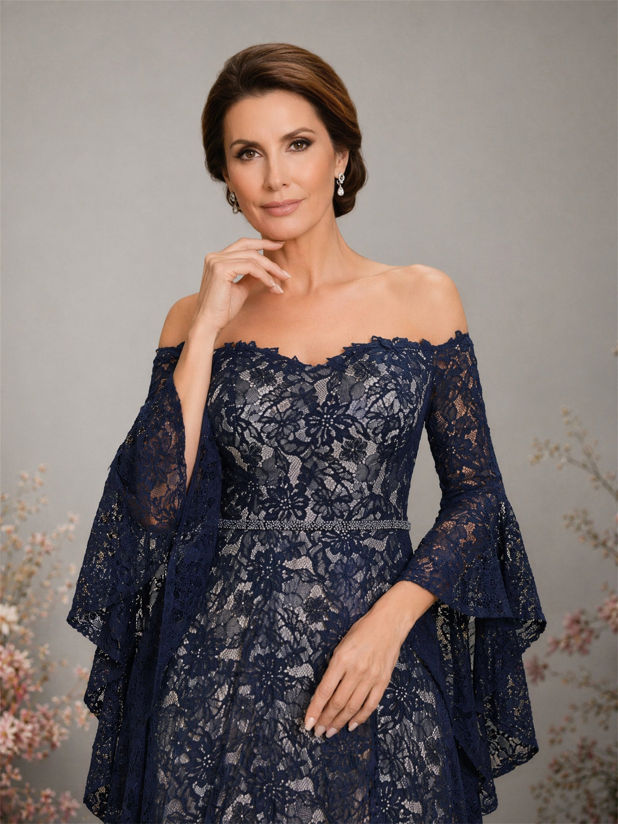 BOLODOO Navy Blue Glitter Lace Off-Shoulder Bell Sleeve Gown – Sweetheart Crystal Belt A-Line Floor Length 
