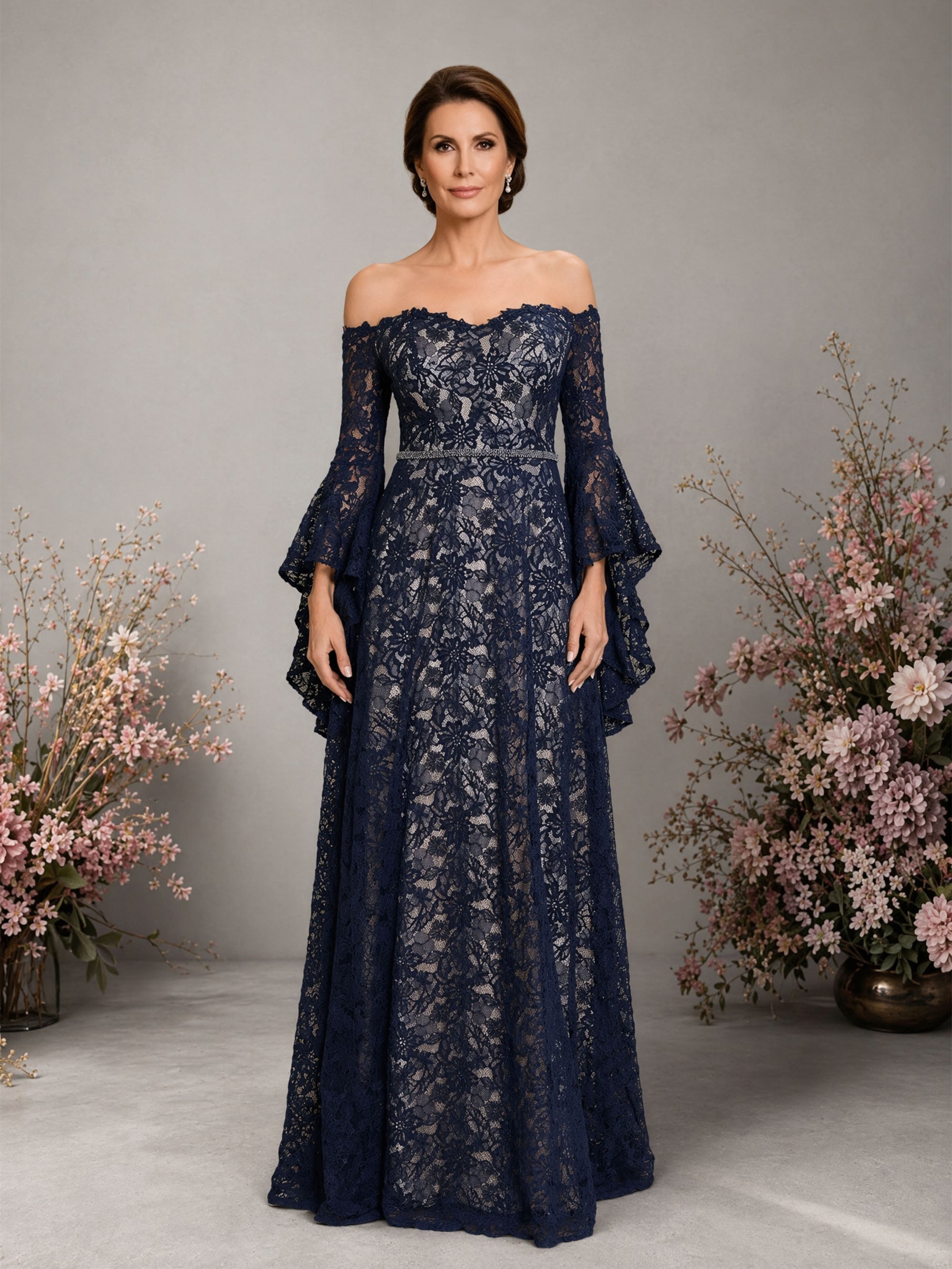 BOLODOO Navy Blue Glitter Lace Off-Shoulder Bell Sleeve Gown – Sweetheart Crystal Belt A-Line Floor Length 