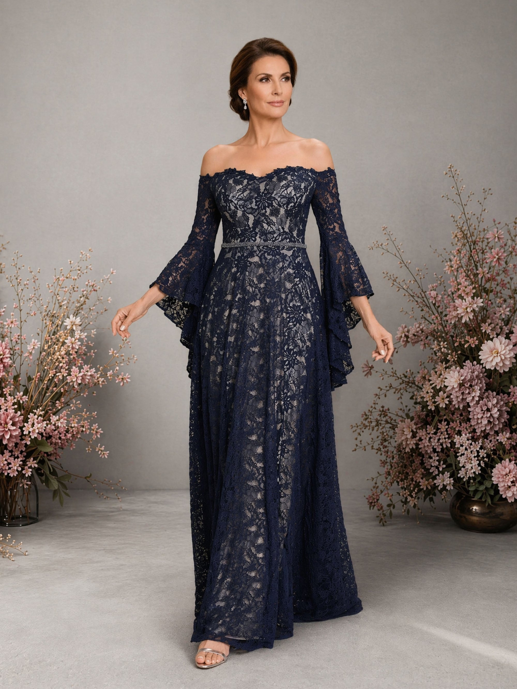 BOLODOO Navy Blue Glitter Lace Off-Shoulder Bell Sleeve Gown – Sweetheart Crystal Belt A-Line Floor Length 