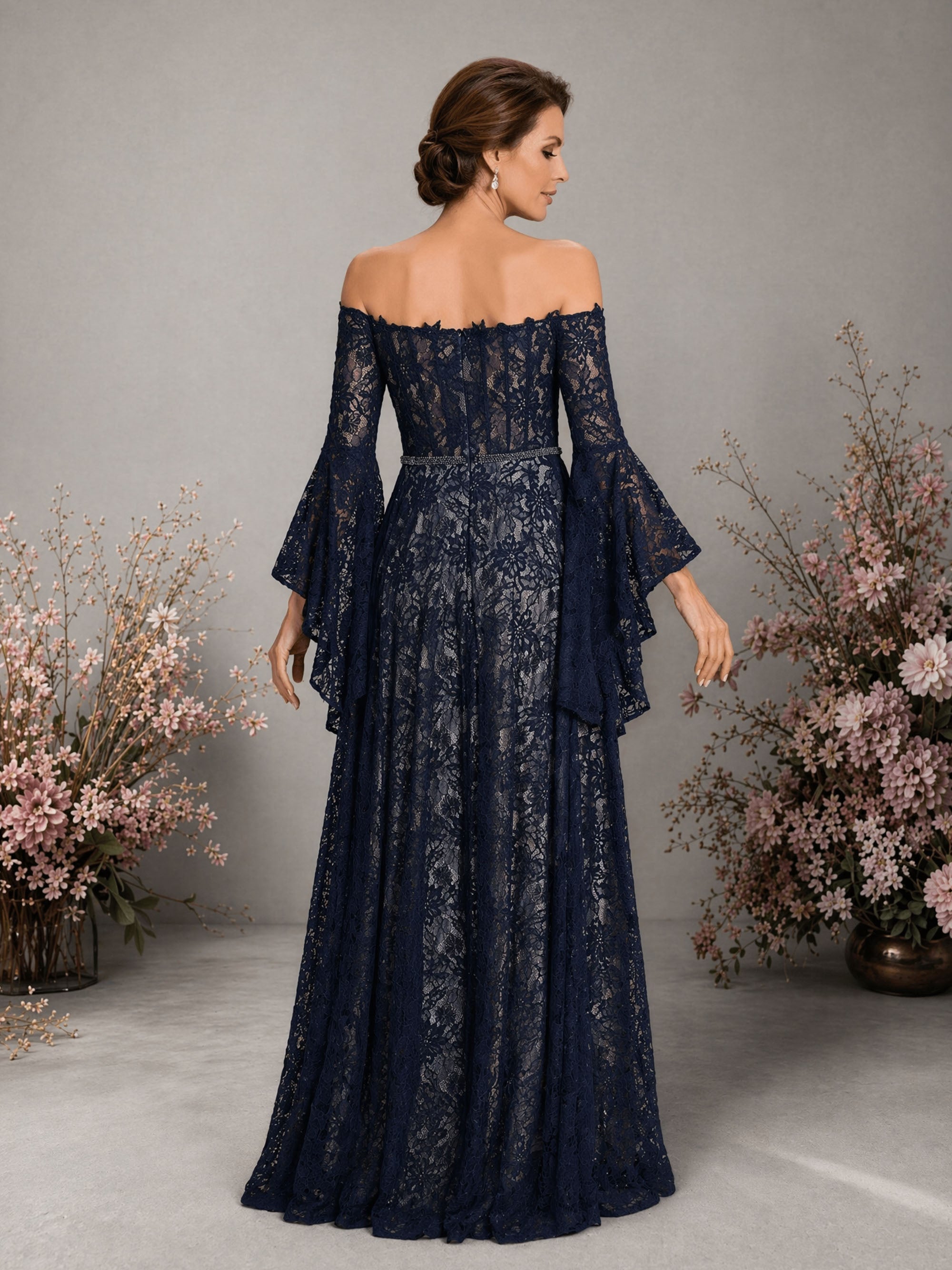 BOLODOO Navy Blue Glitter Lace Off-Shoulder Bell Sleeve Gown – Sweetheart Crystal Belt A-Line Floor Length 