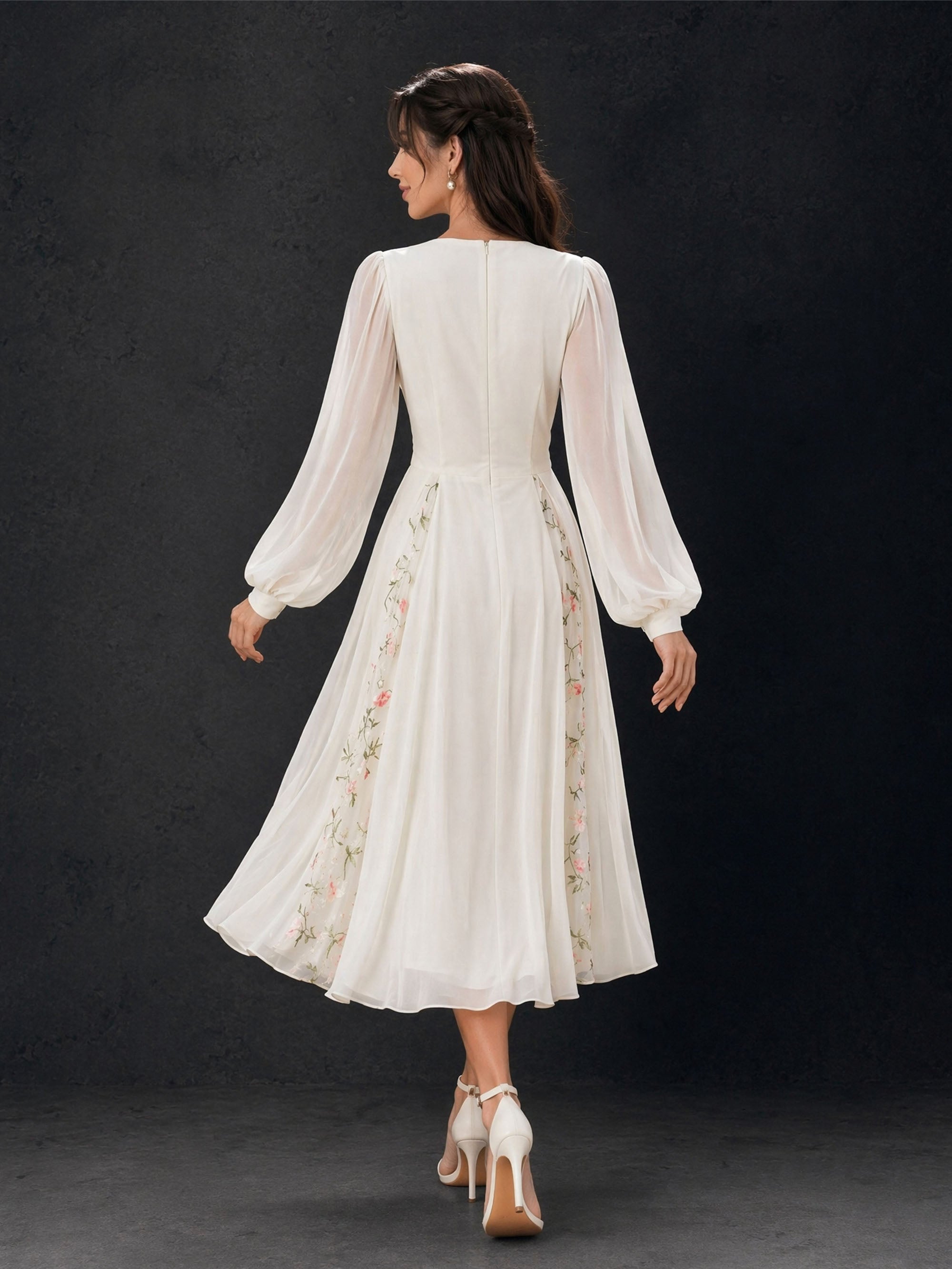 BOLODOO BD0400 ivory white floral embroidered chiffon midi dress – front view, deep V-neck and A-line silhouette