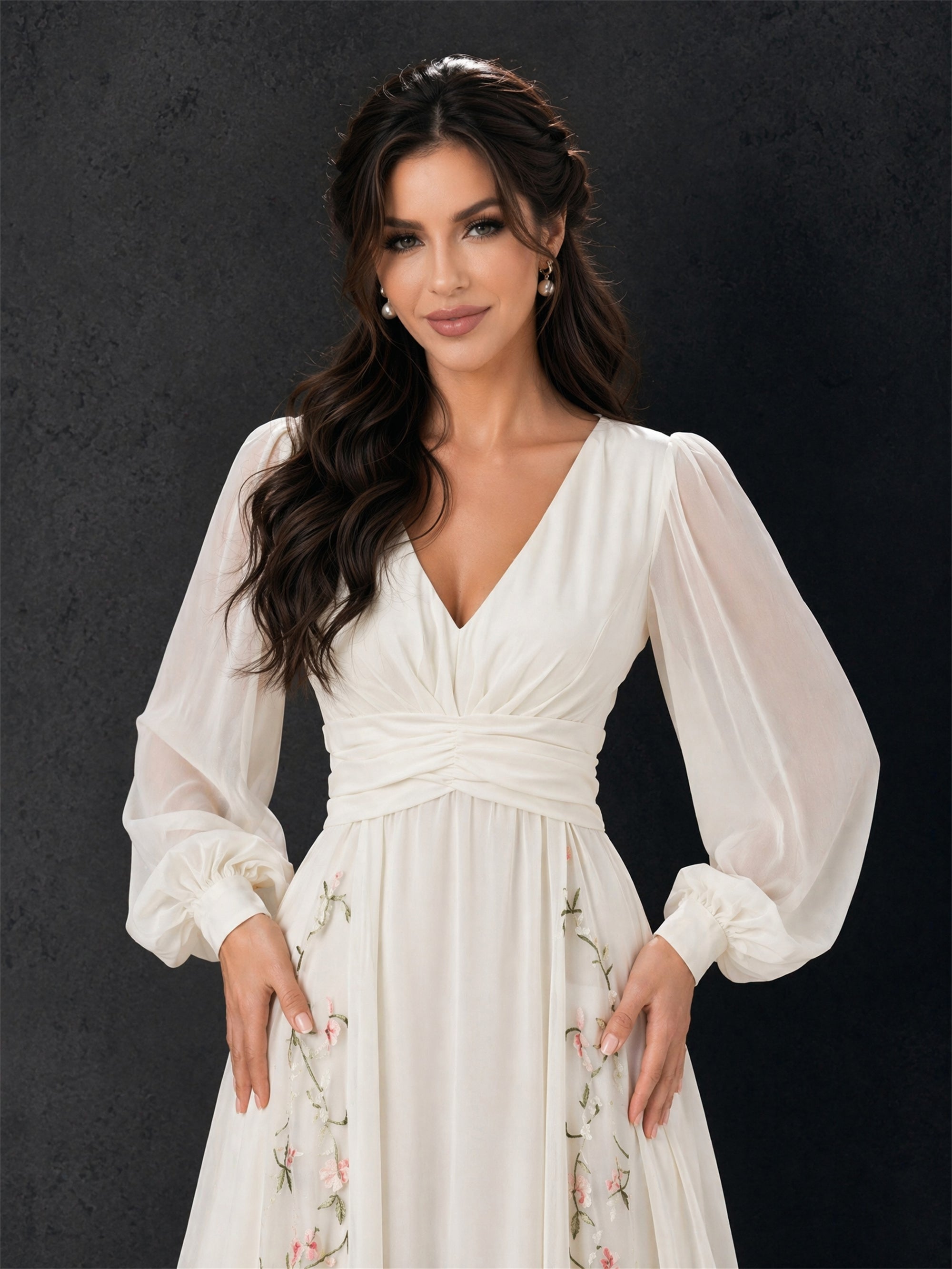 BOLODOO BD0400 ivory white floral embroidered chiffon midi dress – back view showing concealed zipper closure