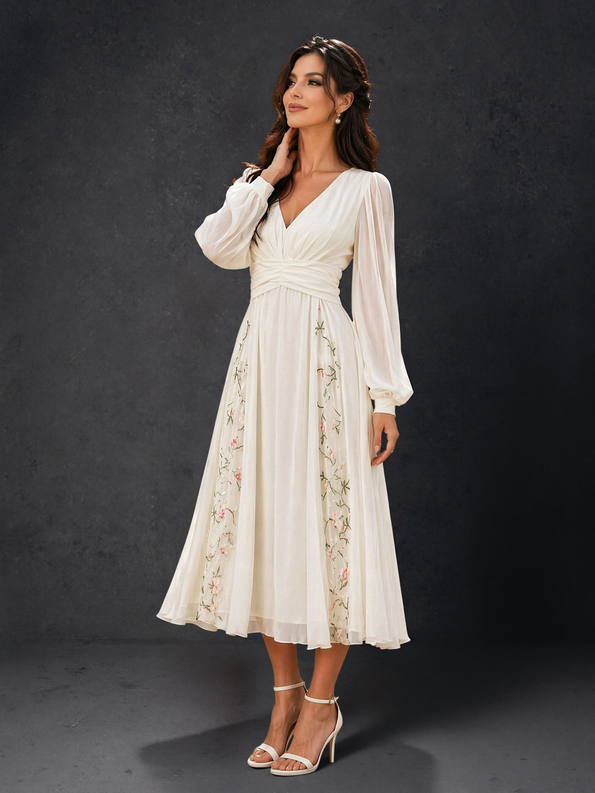 BOLODOO BD0400 white chiffon midi dress – side view showing floral embroidery panels and bishop sleeves
