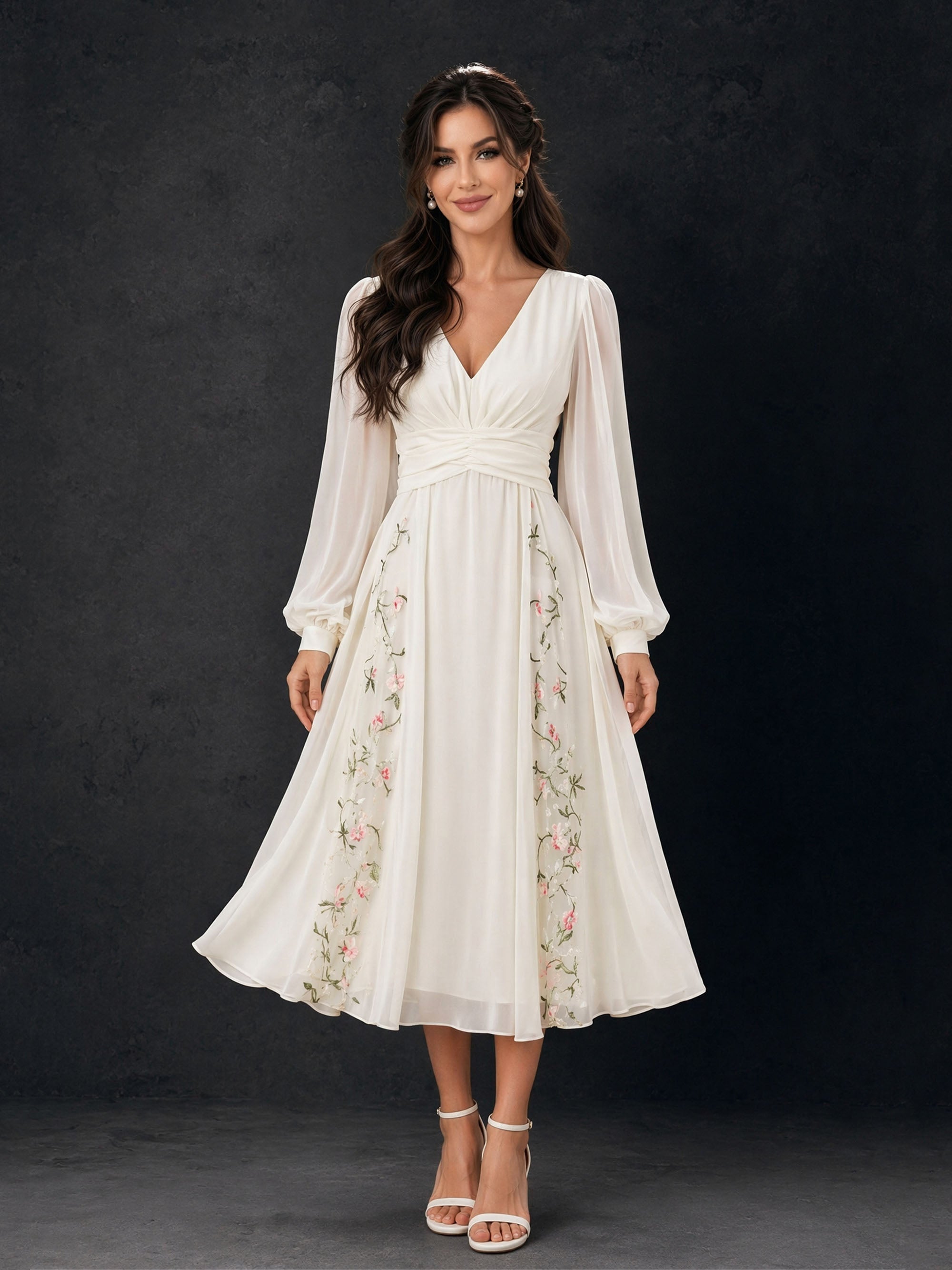BOLODOO BD0400 white chiffon midi dress – close-up of V-neck, twisted empire waist and sheer lantern sleeves
