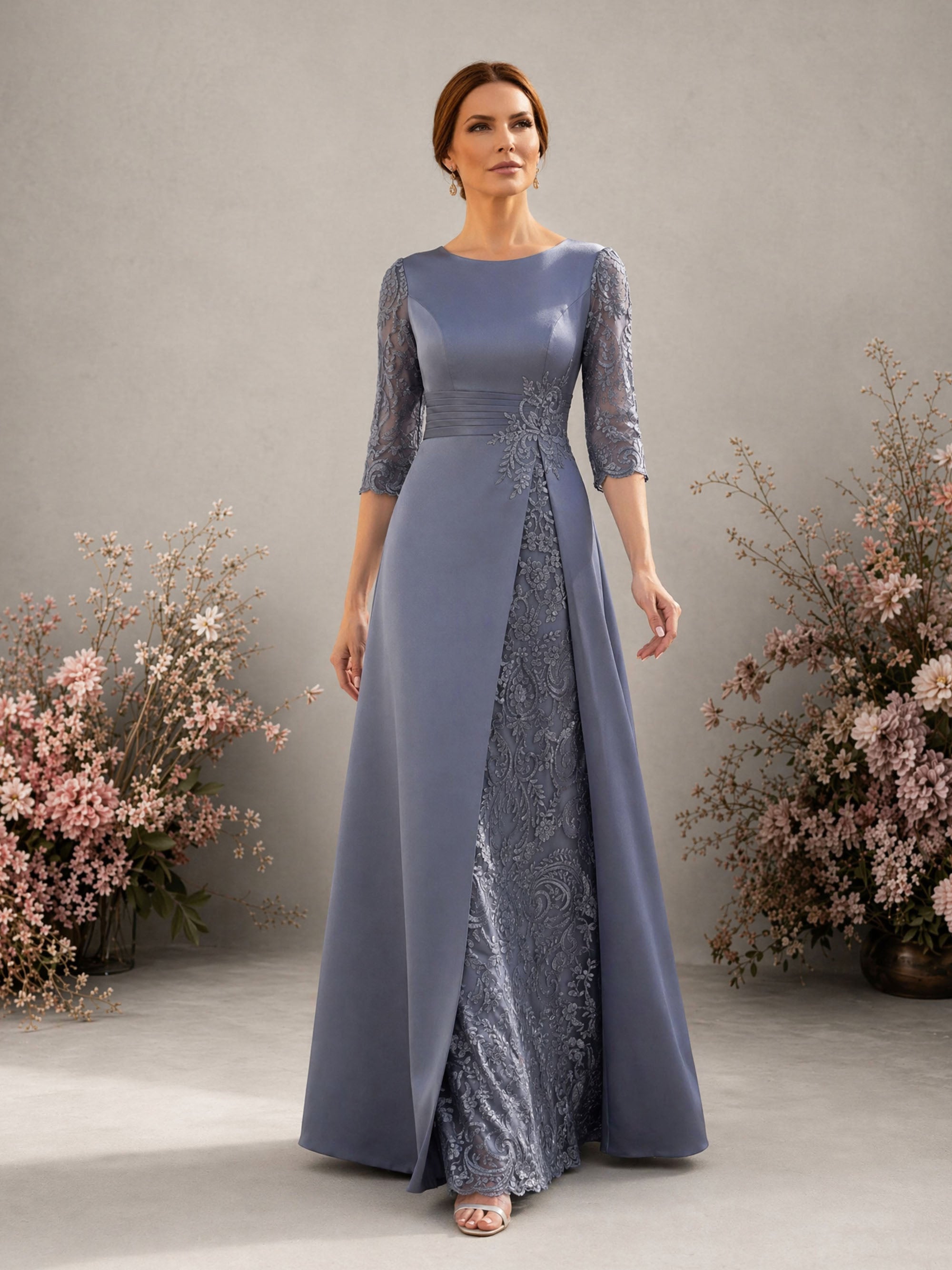 BOLODOO BD0401 steel blue satin lace gown – front view showing bateau neckline, lace appliqué panel and A-line silhouette