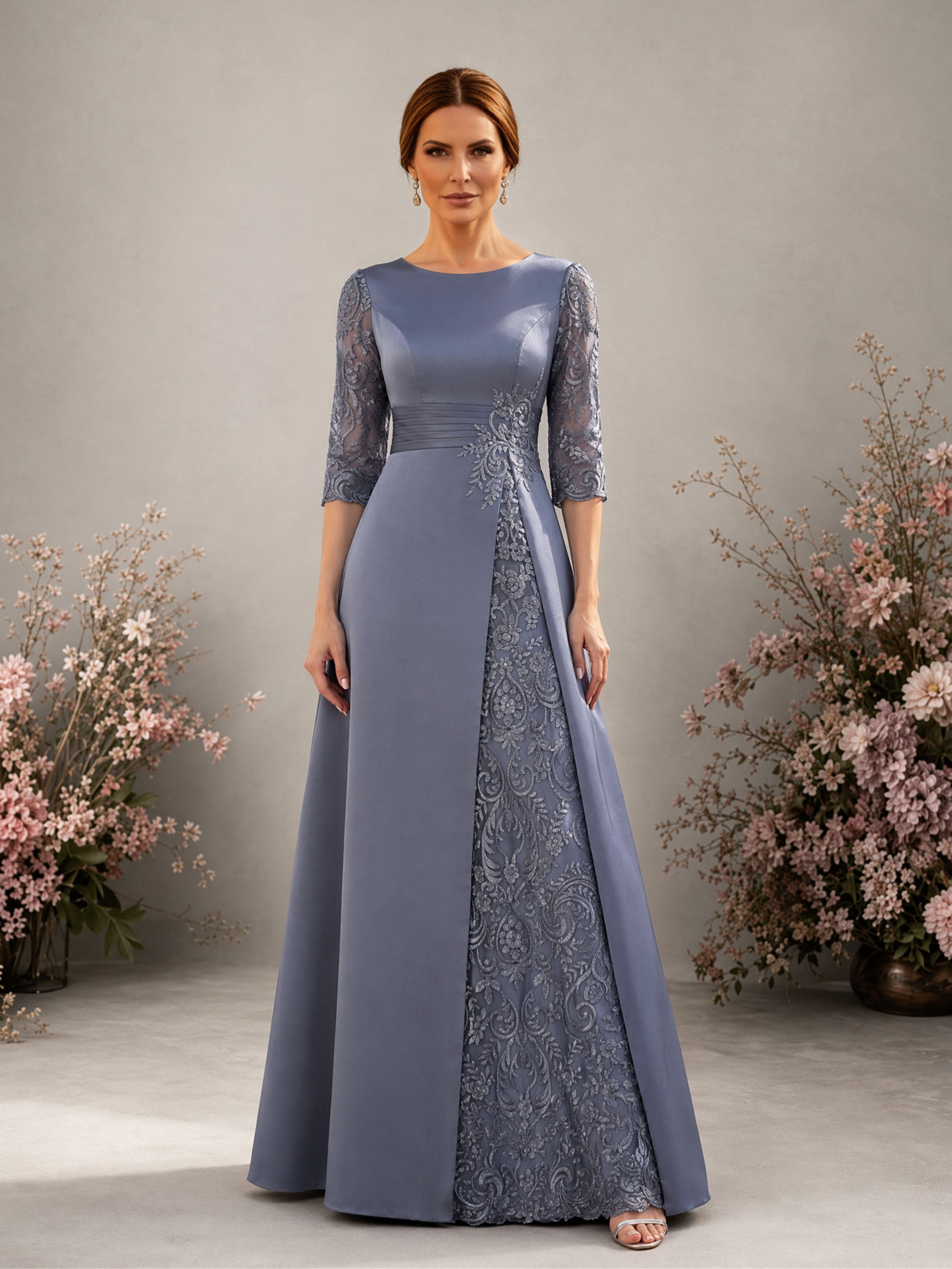 BOLODOO BD0401 steel blue mother of the bride dress – back view showing concealed zipper and sheer 3/4 lace sleeves