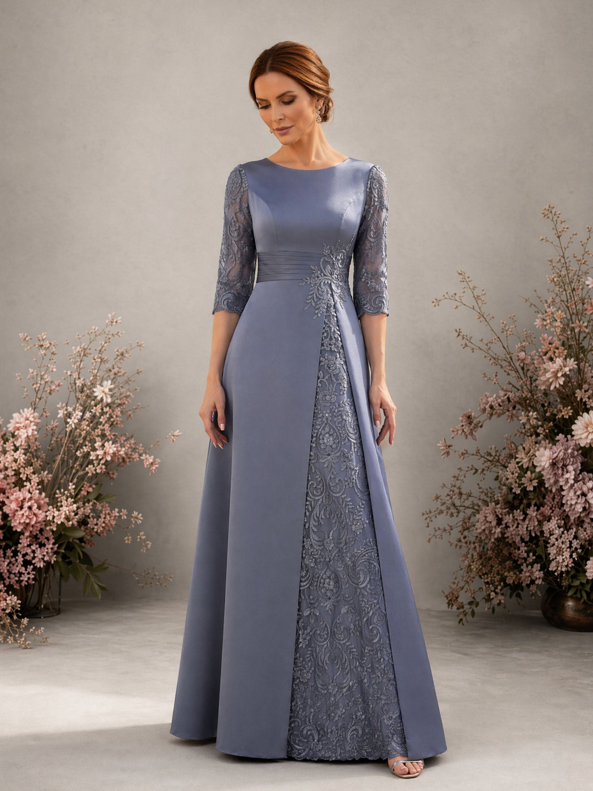 BOLODOO BD0401 steel blue formal gown – second front view highlighting ruched waist and diagonal lace panel detail