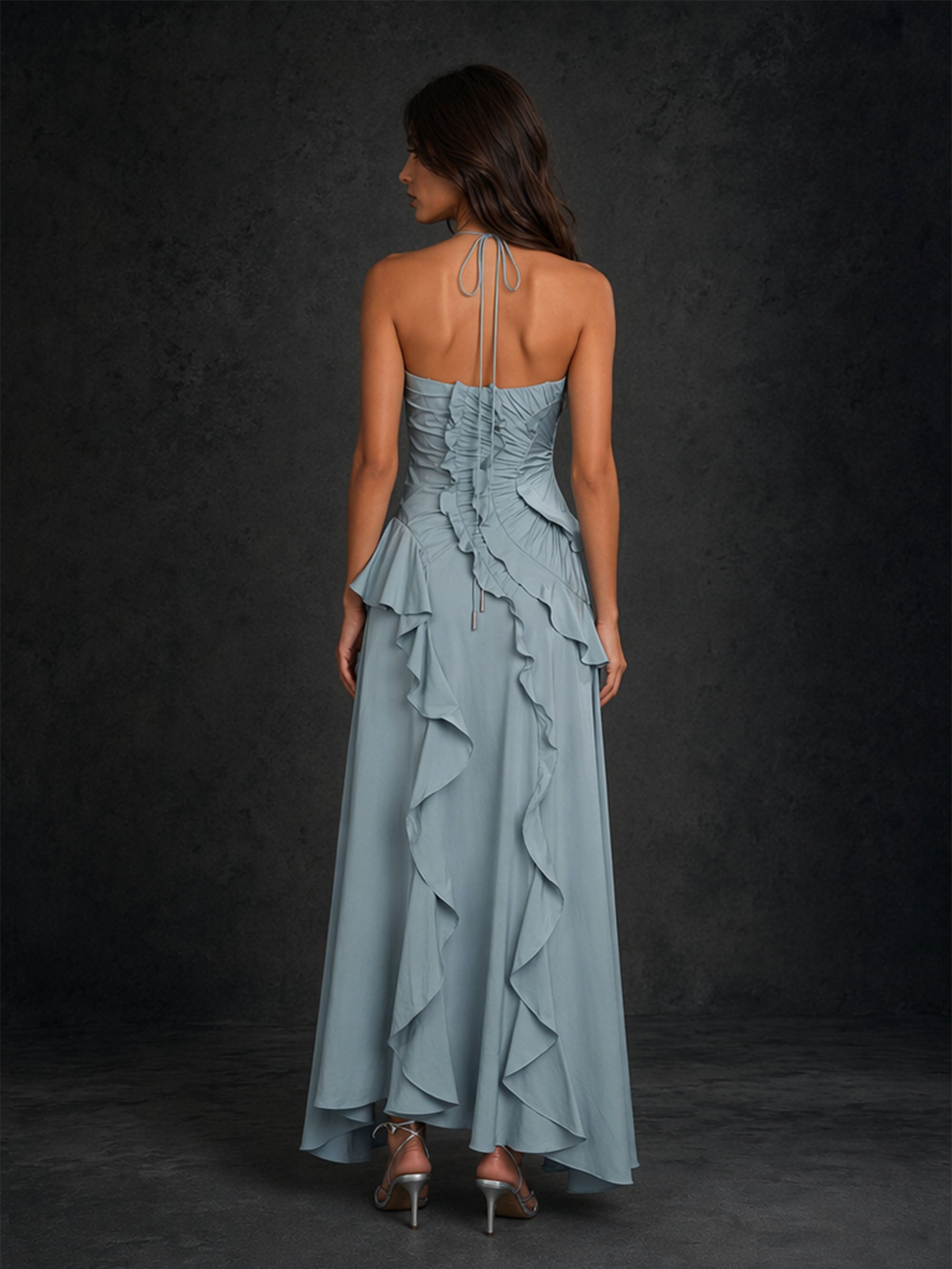 BOLODOO BD0402 dusty blue ruffle maxi dress – side-front view highlighting hi-lo hem and tiered ruffle skirt detail