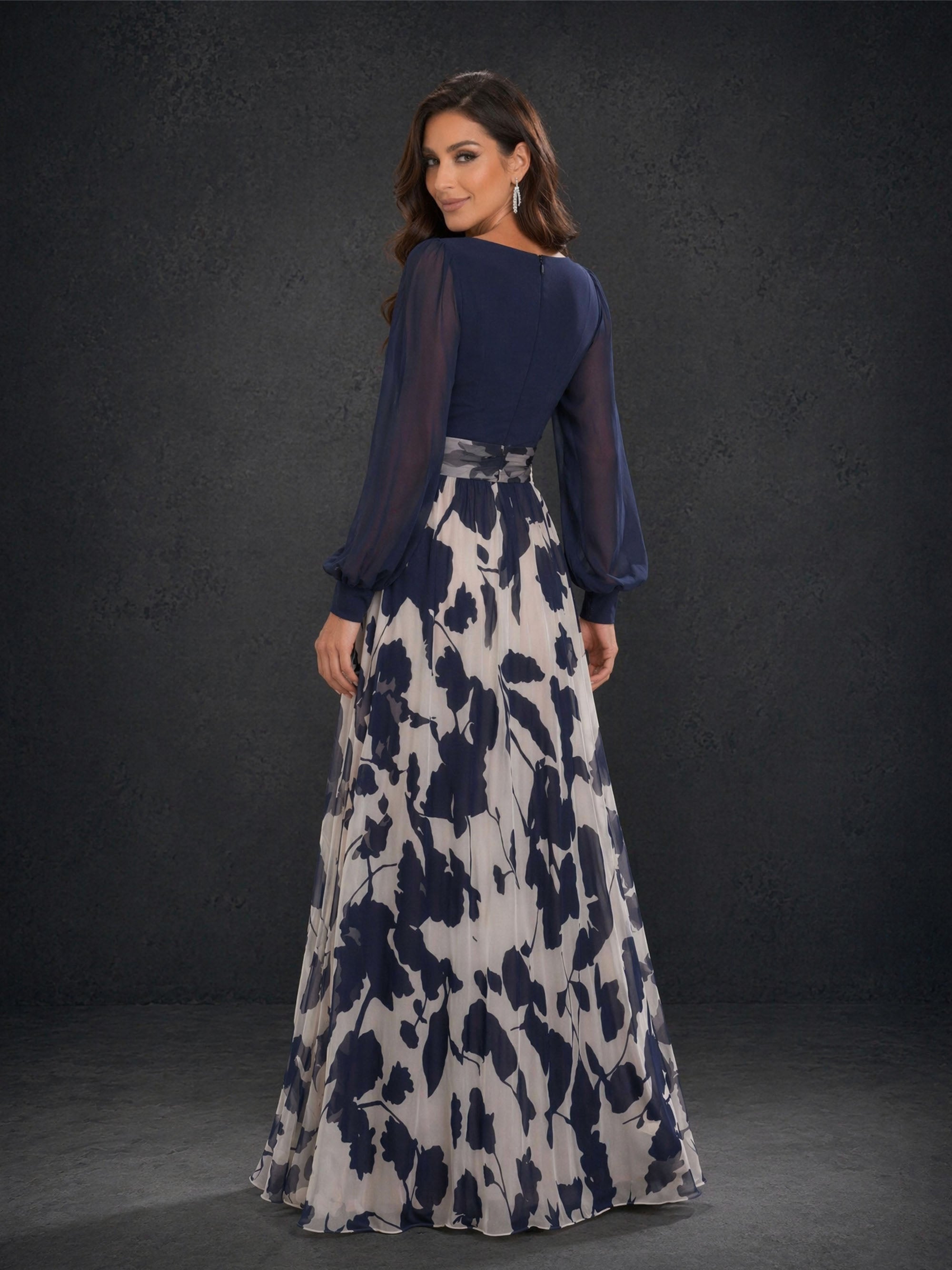 BOLODOO BD0403 navy floral chiffon gown – second front view highlighting empire waist flower belt and A-line floral skirt