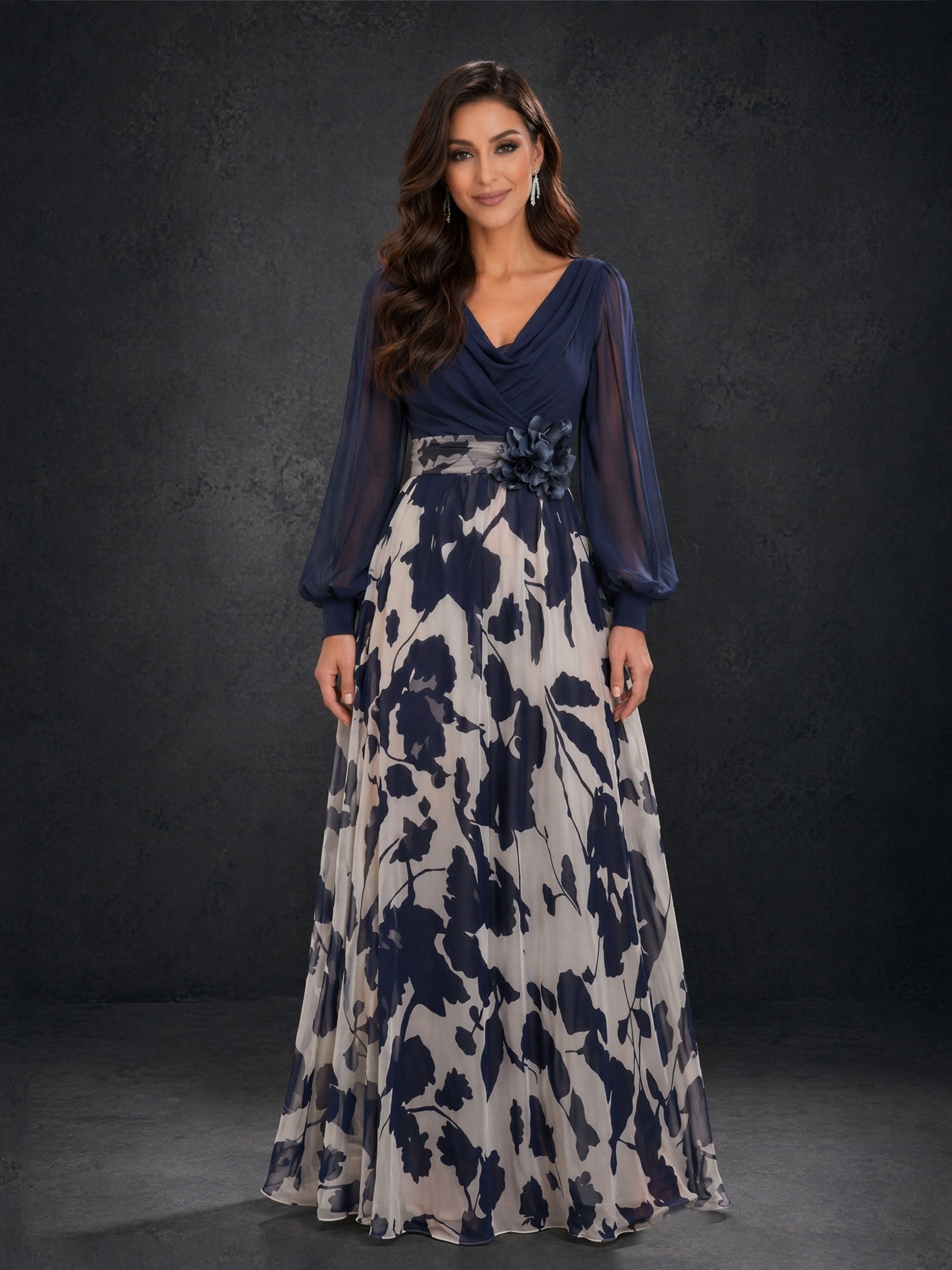 BOLODOO BD0403 navy blue formal maxi dress – three-quarter view showing flowing floral print skirt and sheer bishop sleeves