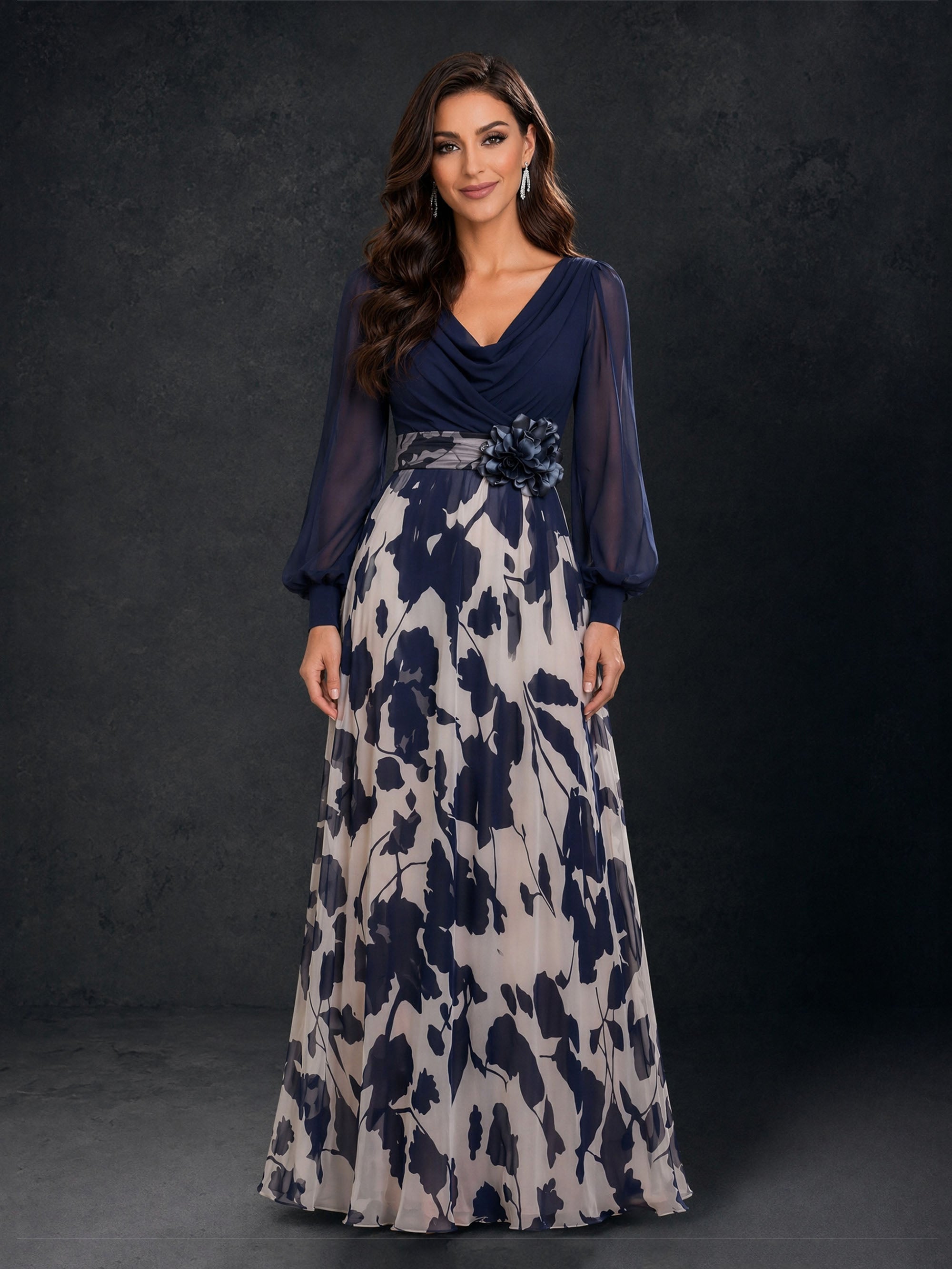 BOLODOO BD0403 navy blue floral chiffon maxi dress – back view showing concealed zipper and full-length A-line silhouette
