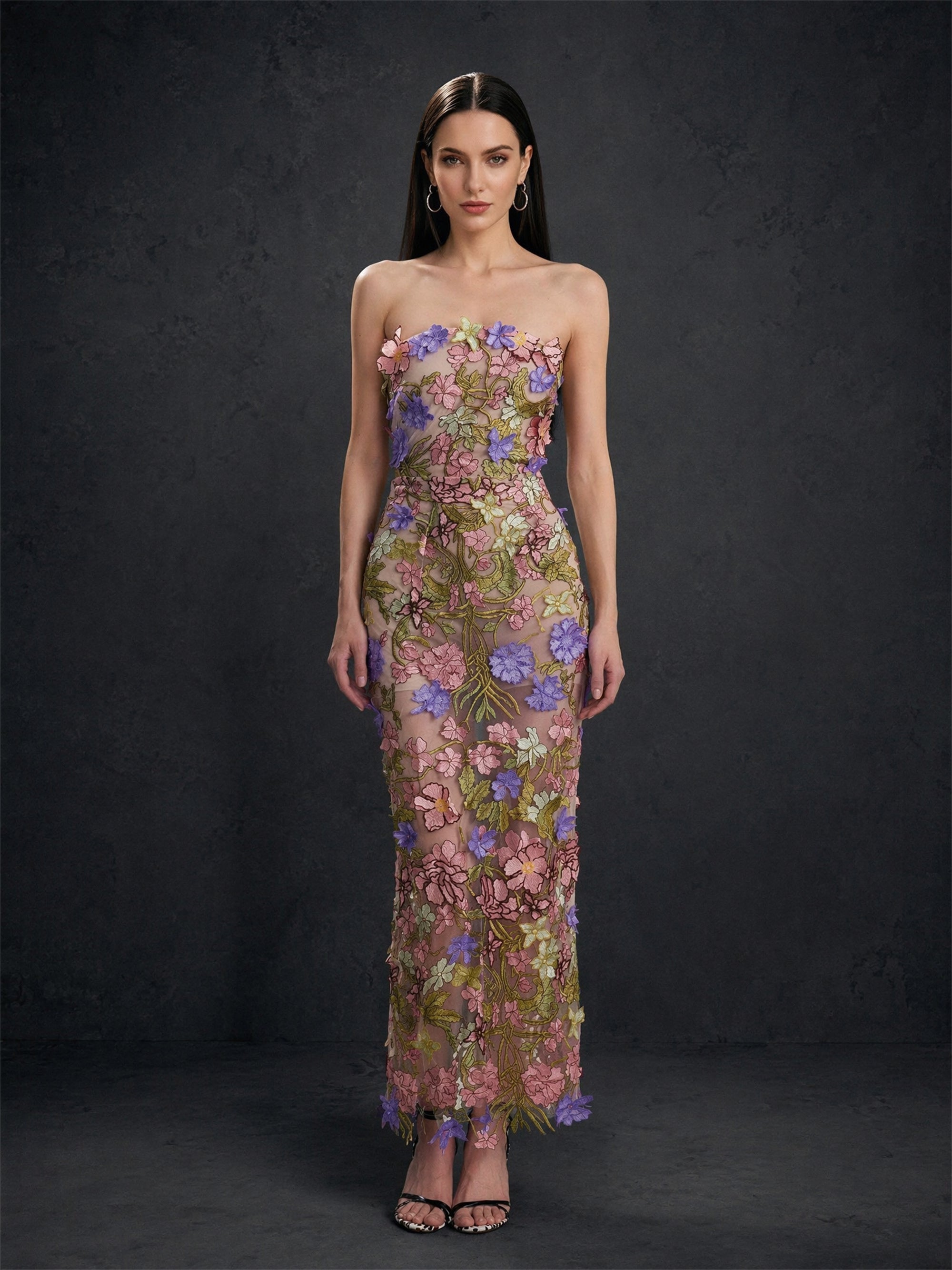 BOLODOO BD0404 champagne 3D floral embroidered lace strapless midi dress – front view showing purple and blush pink floral applique and sheath silhouette