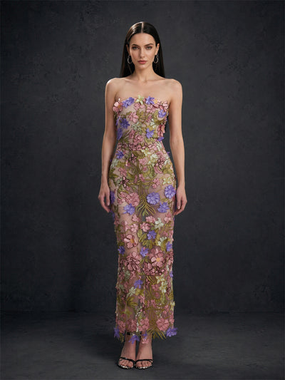 BOLODOO BD0404 champagne 3D floral embroidered lace strapless midi dress – front view showing purple and blush pink floral applique and sheath silhouette
