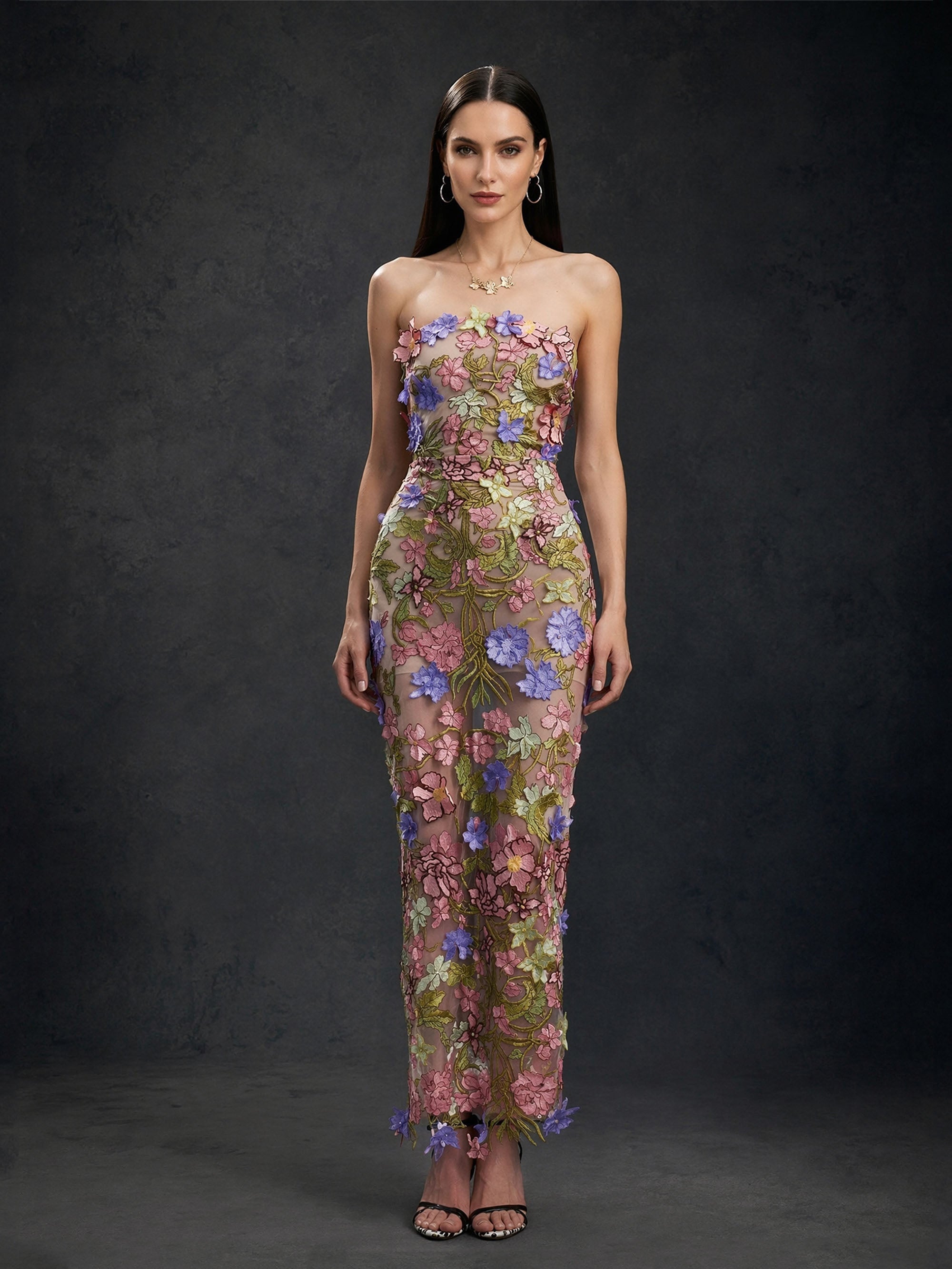 BOLODOO BD0404 champagne floral lace strapless dress – second front view highlighting all-over 3D floral embroidery detail on tulle mesh