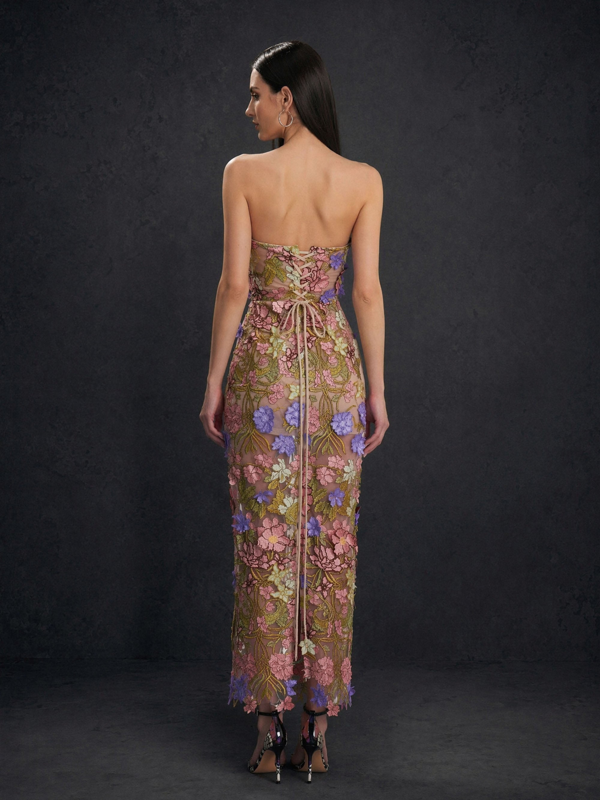 BOLODOO BD0404 champagne 3D floral lace midi dress – back view showing fully open backless design with lace-up ribbon closure and back slit