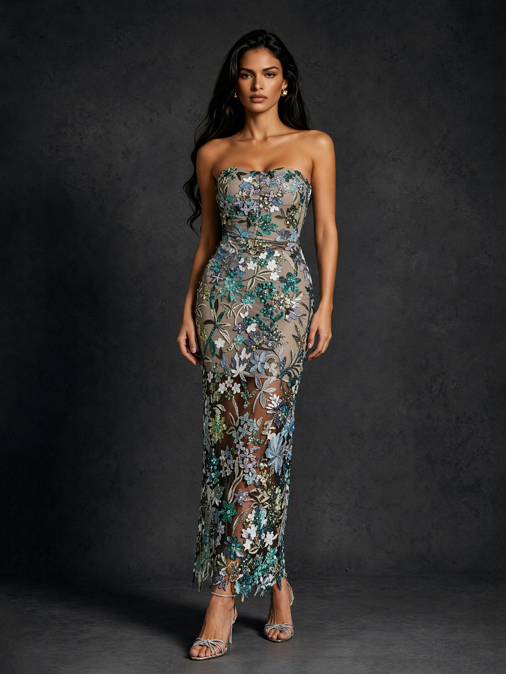 BOLODOO BD0406 green floral sequin embroidered mesh strapless maxi dress – front view showing sweetheart neckline and multicolor floral sequin embroidery