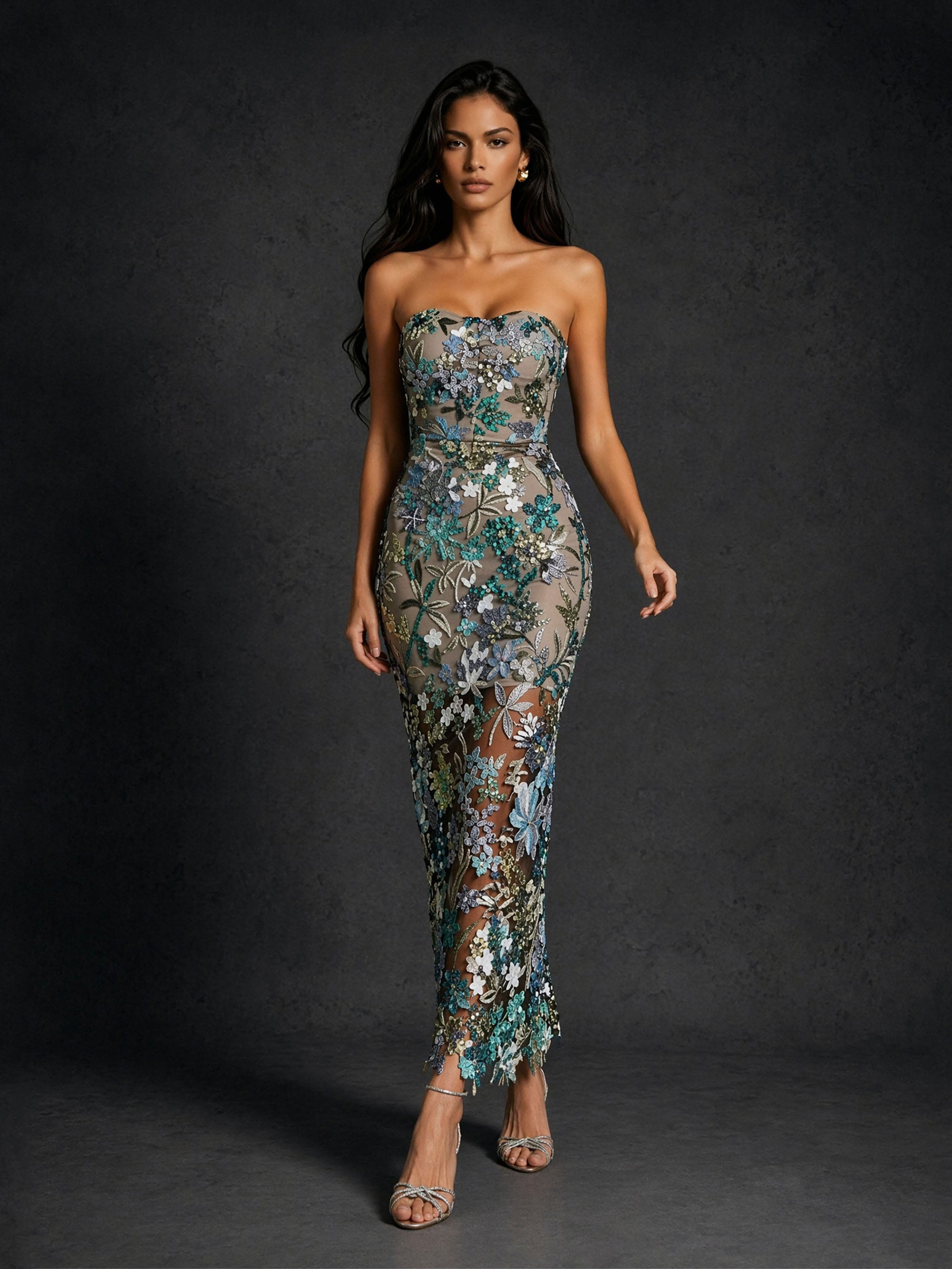 BOLODOO BD0406 green sequin floral mesh strapless gown – second front view highlighting all-over emerald green and multicolor sequin floral detail on sheer mesh