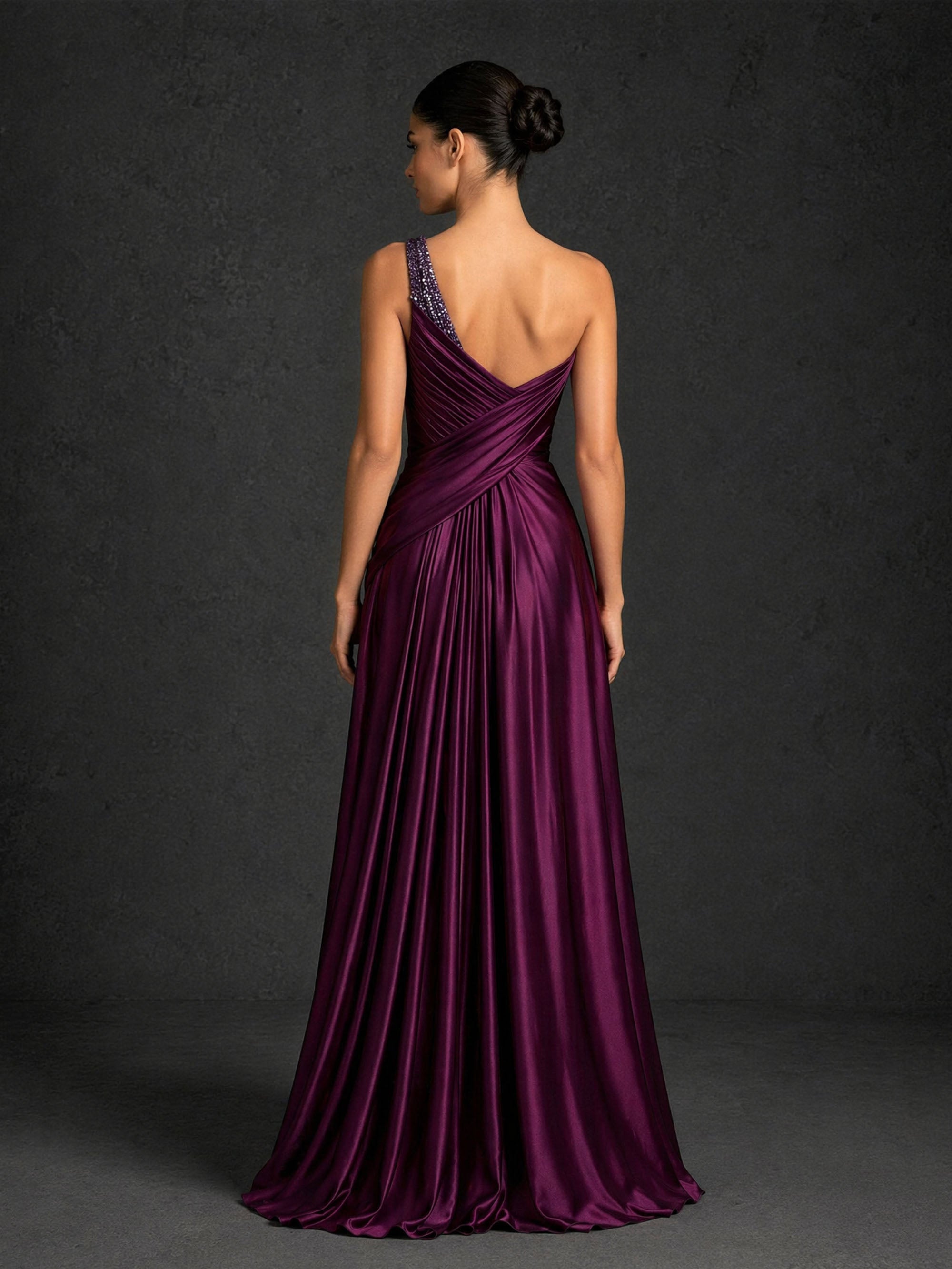 BOLODOO BD0405 deep purple satin one-shoulder pleated floor-length gown – front view showing beaded strap and diagonal pleating