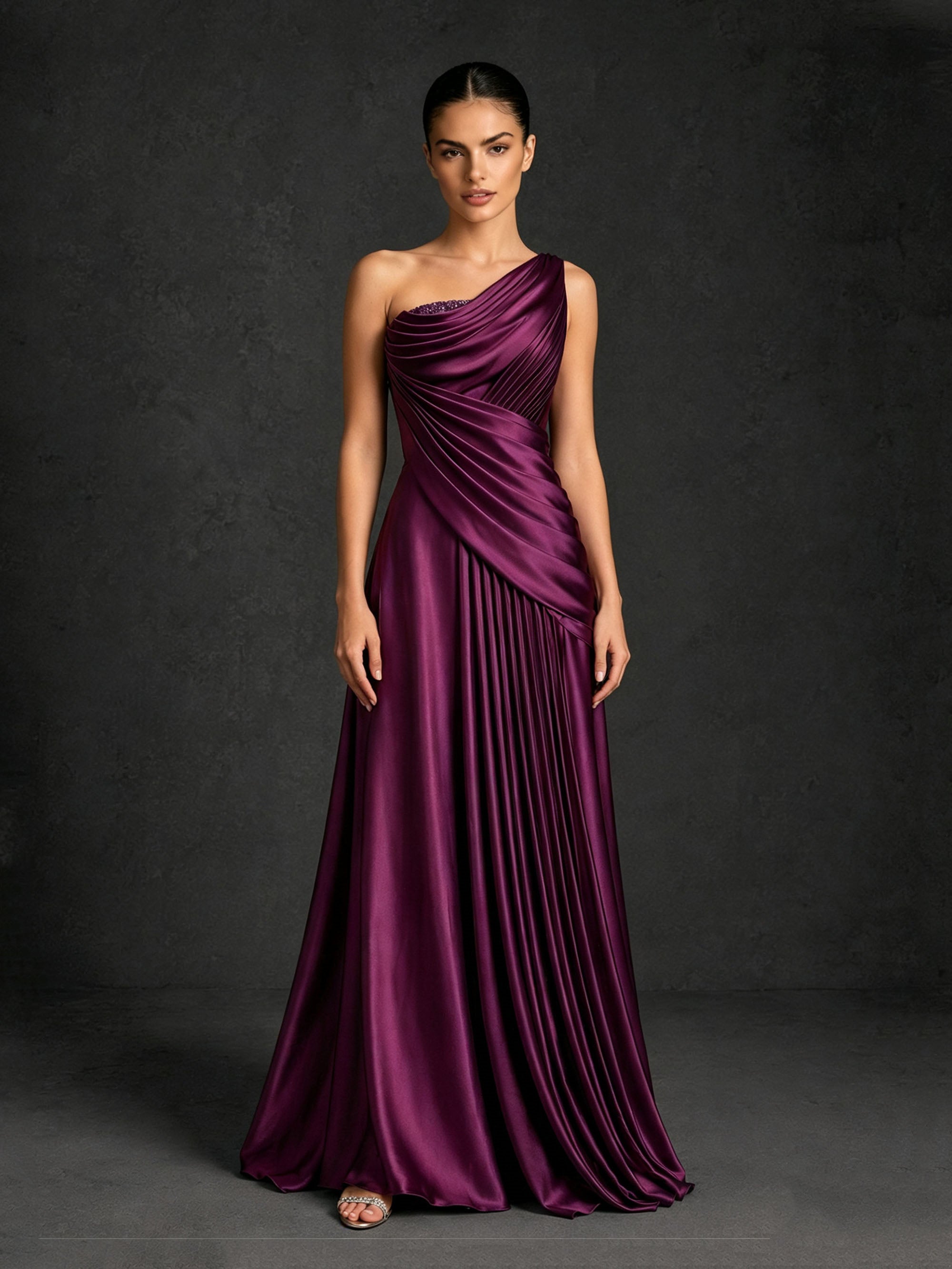 BOLODOO BD0405 deep purple satin one-shoulder gown – back view showing open V-back and sweeping floor-length A-line skirt
