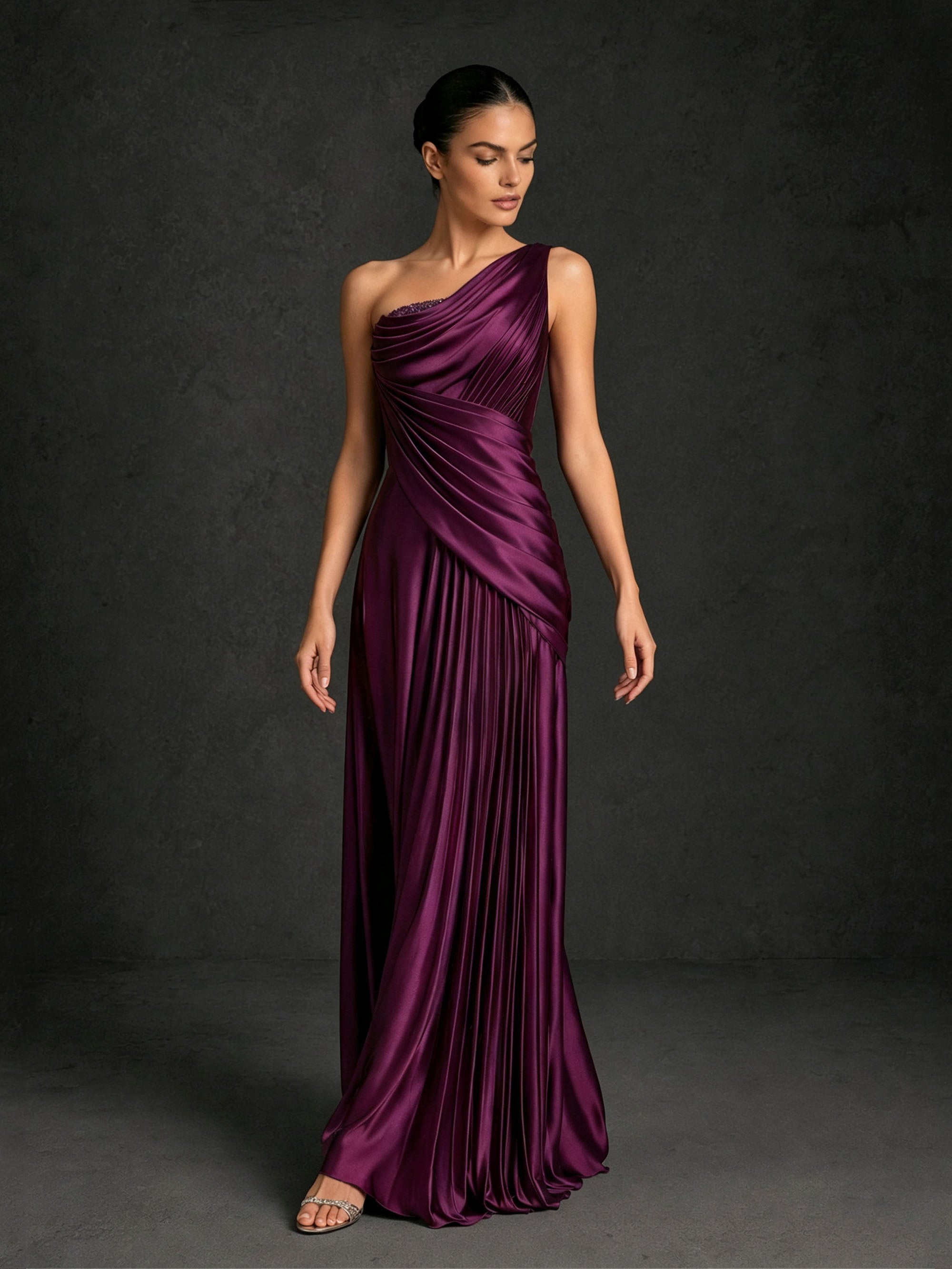 BOLODOO BD0405 deep purple satin one-shoulder gown – second front view highlighting A-line silhouette and full-length pleated skirt
