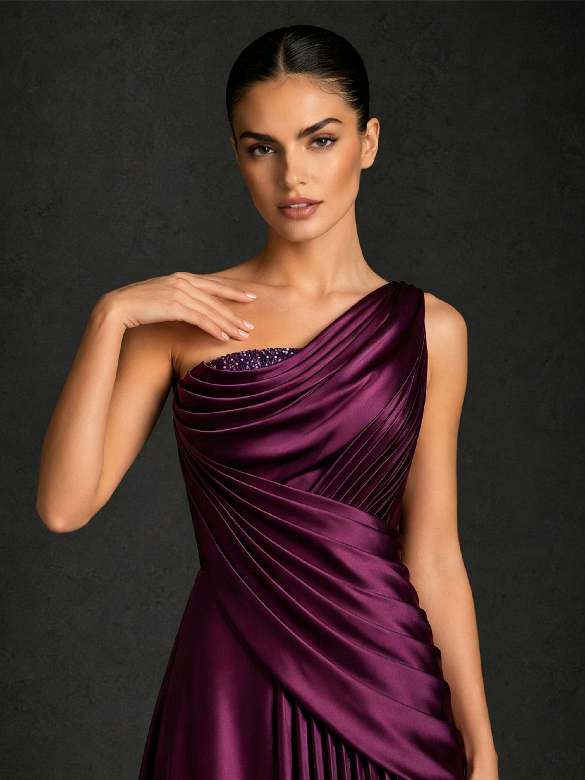 BOLODOO BD0405 plum satin one-shoulder evening gown – close-up of beaded crystal shoulder strap and diagonal ruched bodice detail