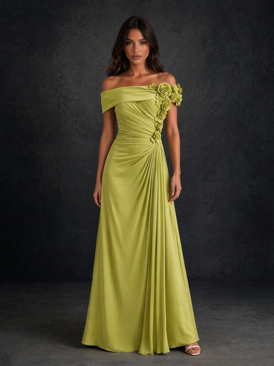 BOLODOO BD0406 chartreuse off-shoulder 3D rose applique ruched chiffon floor-length gown – front view showing floral applique and A-line silhouette