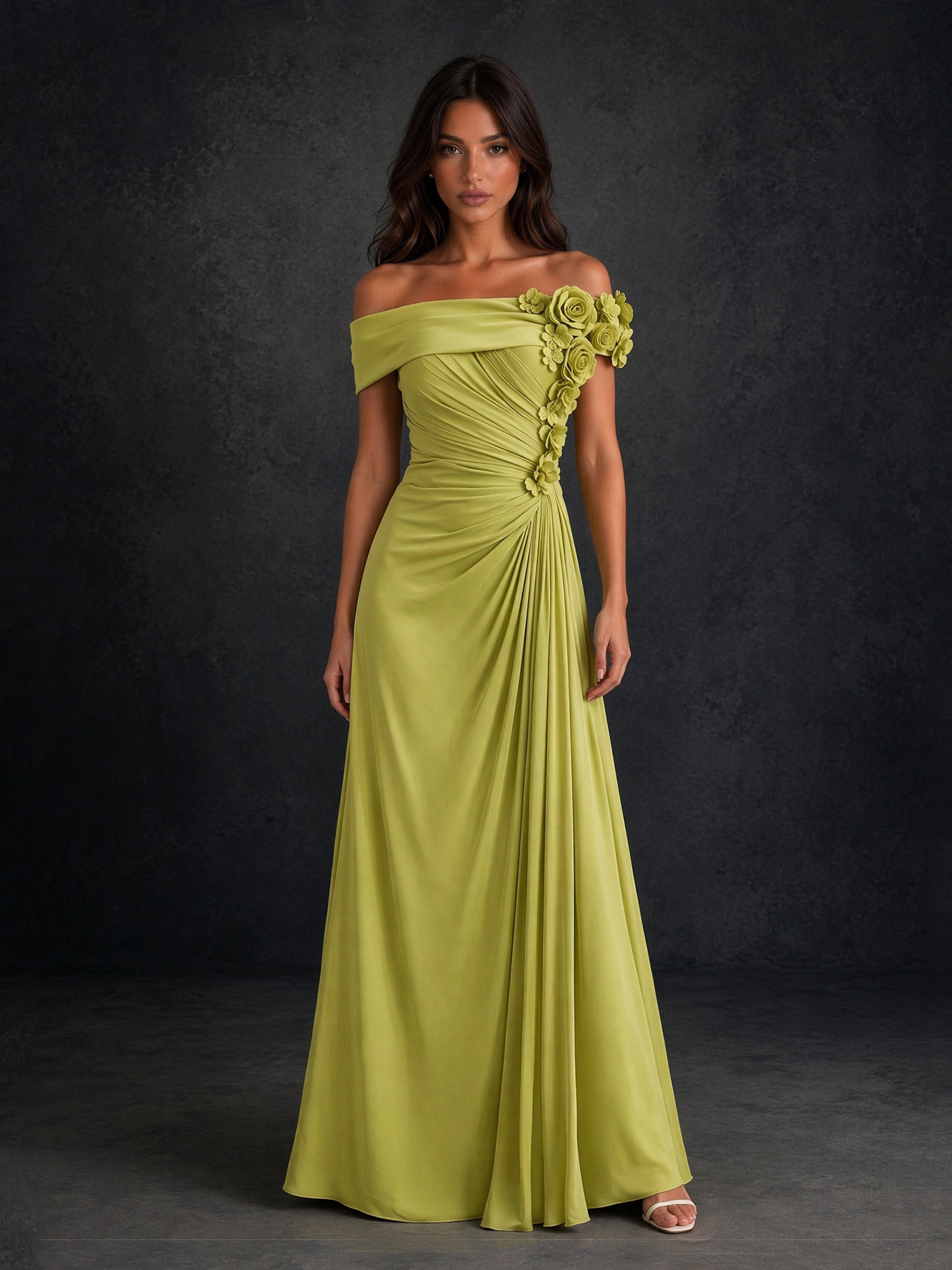 BOLODOO BD0406 chartreuse off-shoulder 3D rose applique ruched chiffon floor-length gown – front view showing floral applique and A-line silhouette