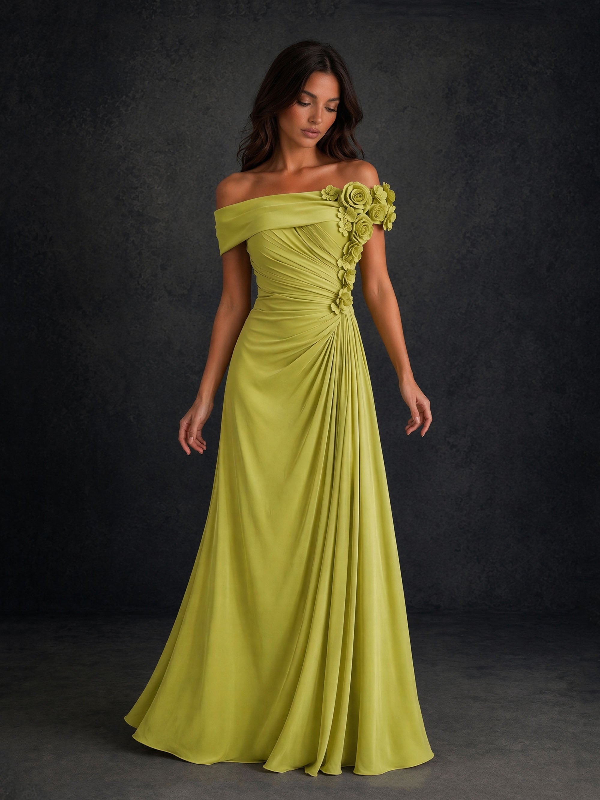 BOLODOO BD0406 chartreuse off-shoulder chiffon gown – second front view highlighting diagonal ruching and 3D rose detail on bodice