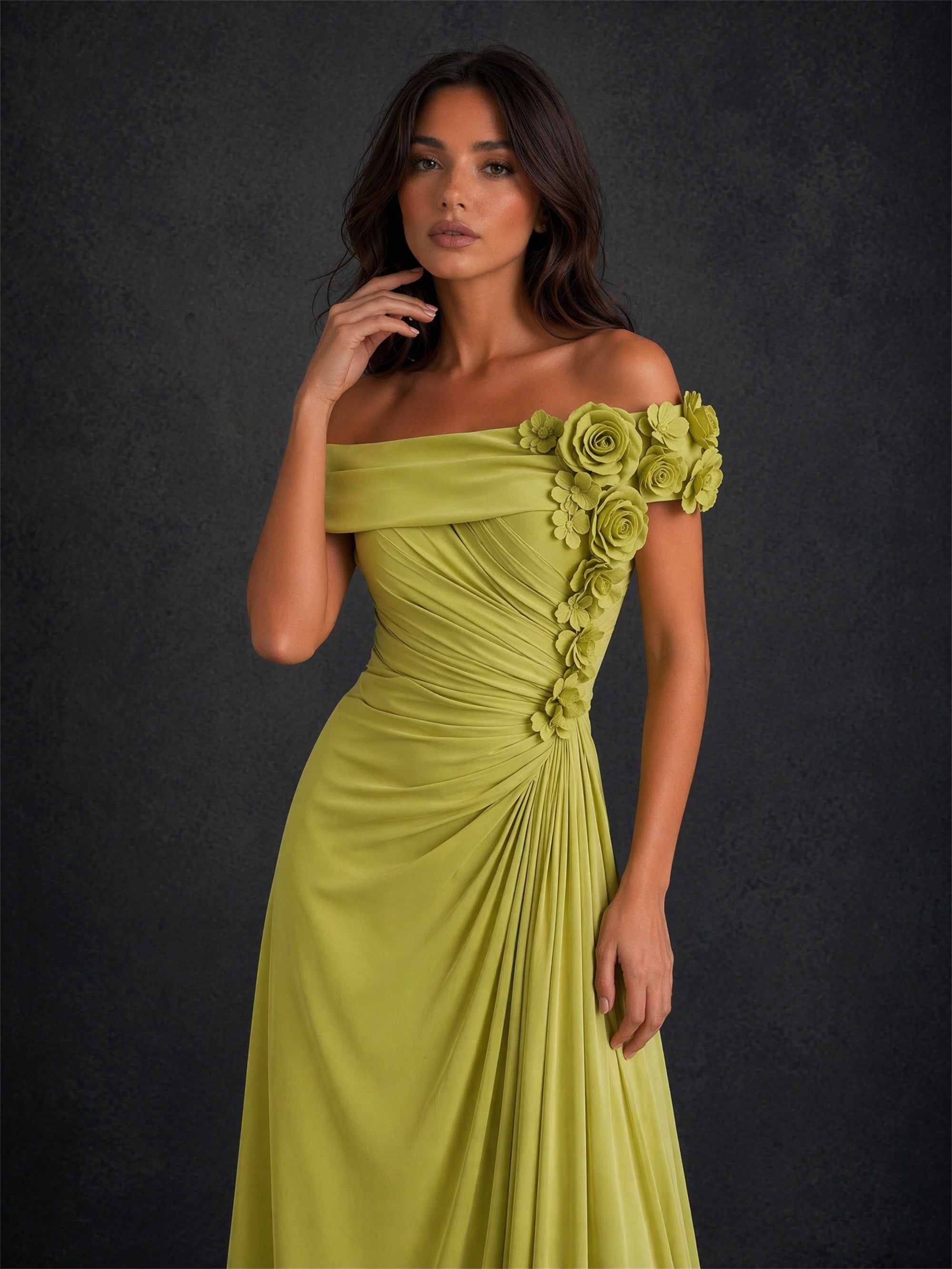 BOLODOO BD0406 yellow green off-shoulder formal gown – close-up of 3D rose applique on shoulder and ruched bodice detail