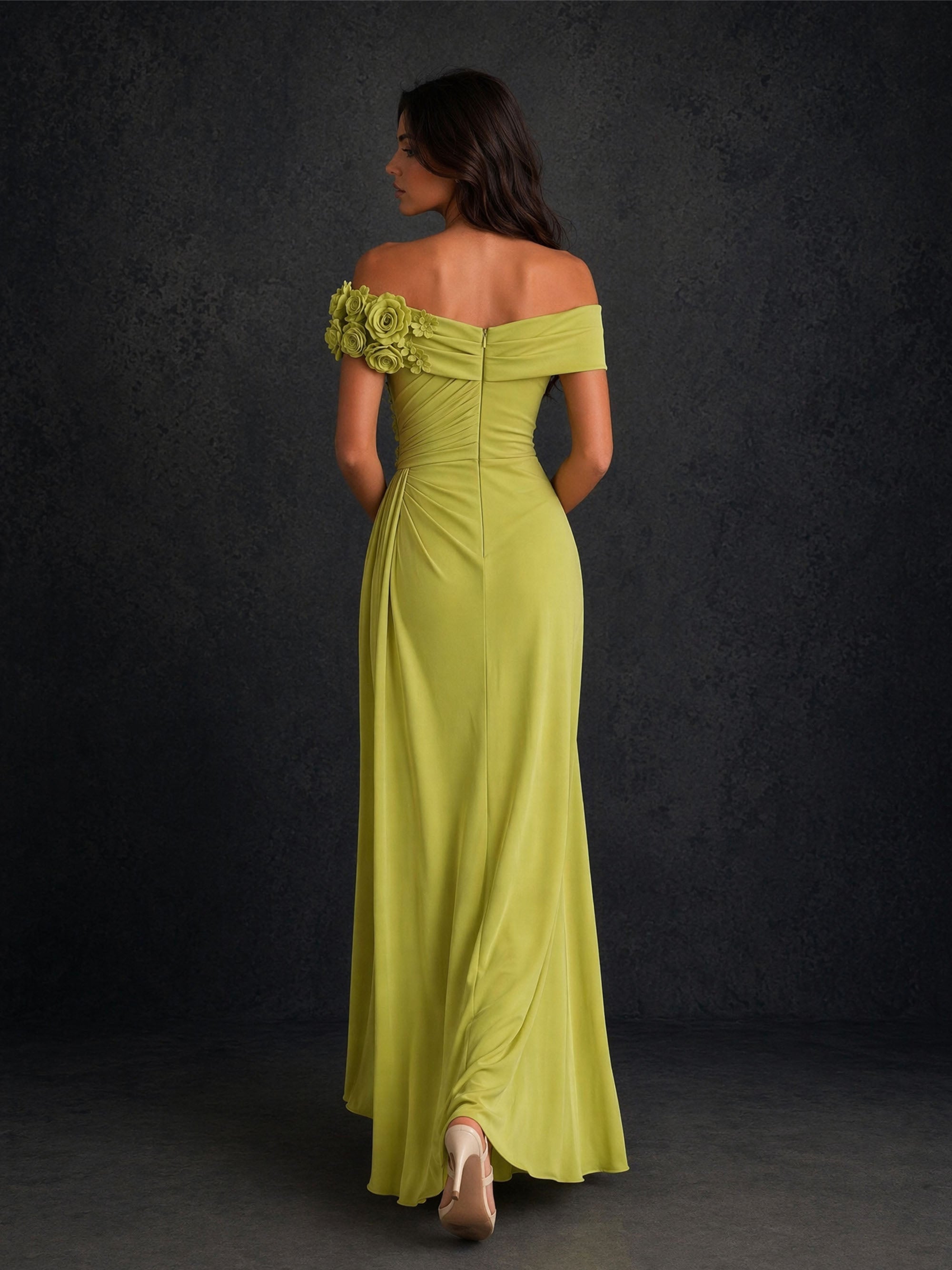 BOLODOO BD0406 chartreuse chiffon off-shoulder gown – back view showing low open back with center back zipper and flowing A-line skirt